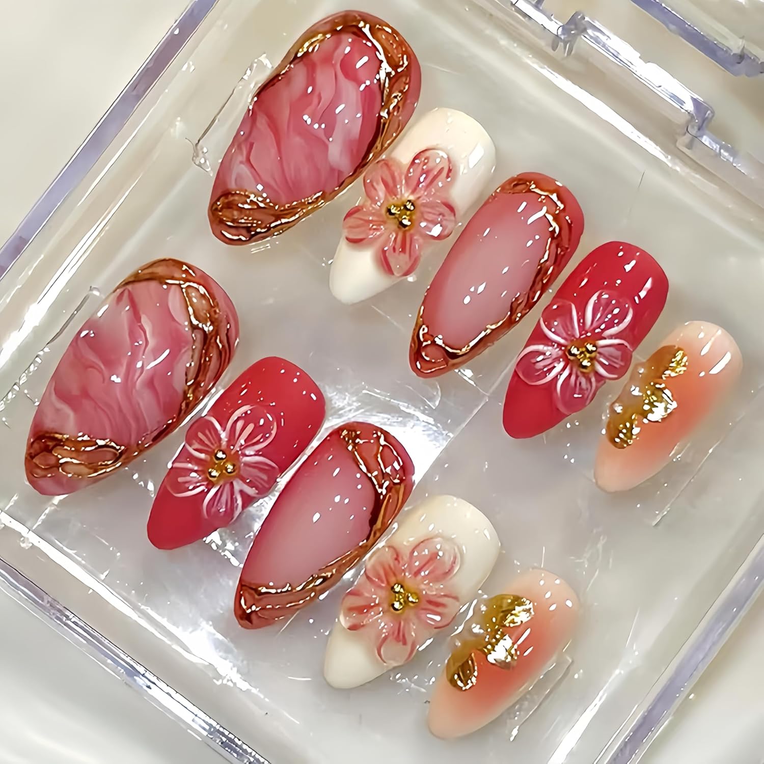 24Pcs Pink Blue Gradient Press On Nails Medium Almond Fake Nails 3D Ripple Bow Pearl Design Stick on Nails White Hibiscus Bow Strawberry Beach Waves False Nails Cute Floral Acrylic Nails for Women