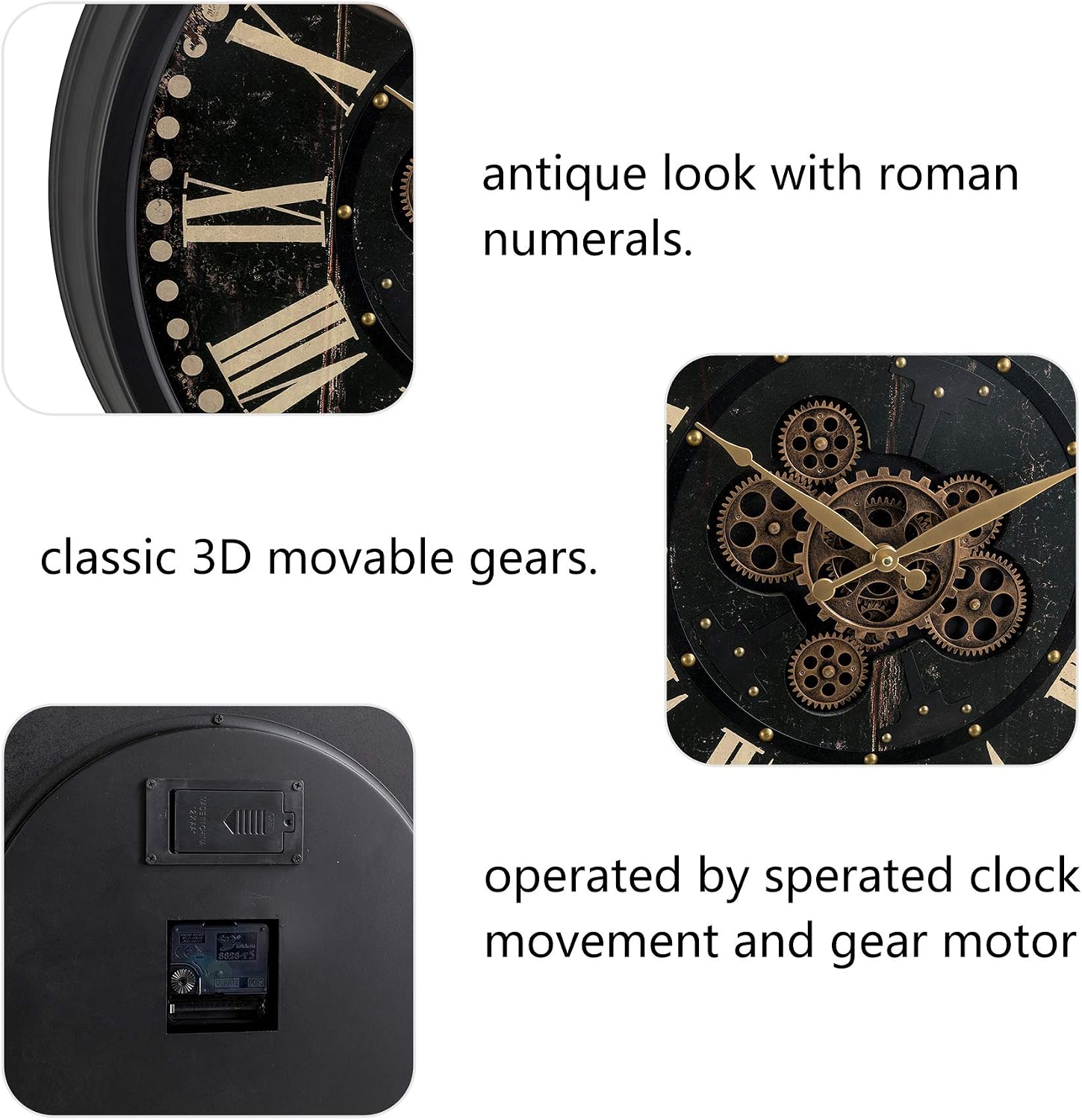 glitzhome 27.50" D Large Vintage Round Black Gear Clock, Oversized Roman Numeral Silent Clock with Tempered Glass for Livingroom or Office Decoration