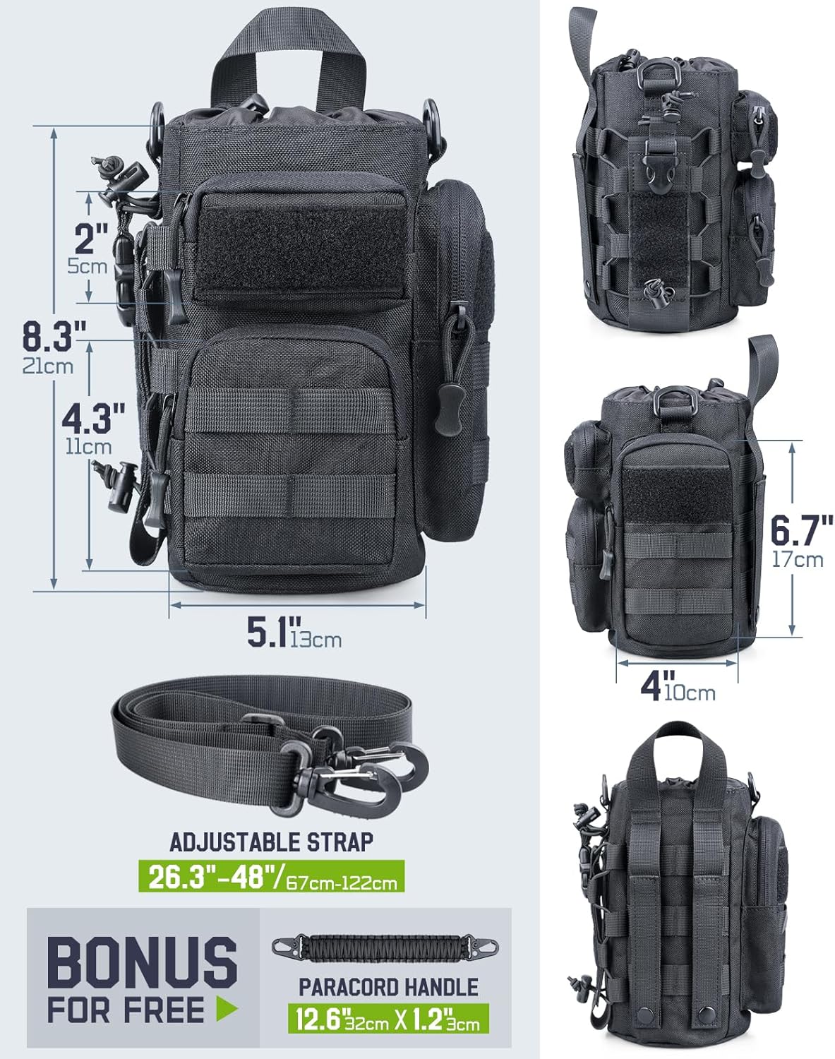 64 oz Insulated Water Bottle with Sleeve, Half Gallon Stainless Steel Tactical Water Jug Large Military Water Bottle with 3-IN-1 Pouch/3 Lids/Straw/Paracord Handle for Gym, Camping, Workout - Image 5