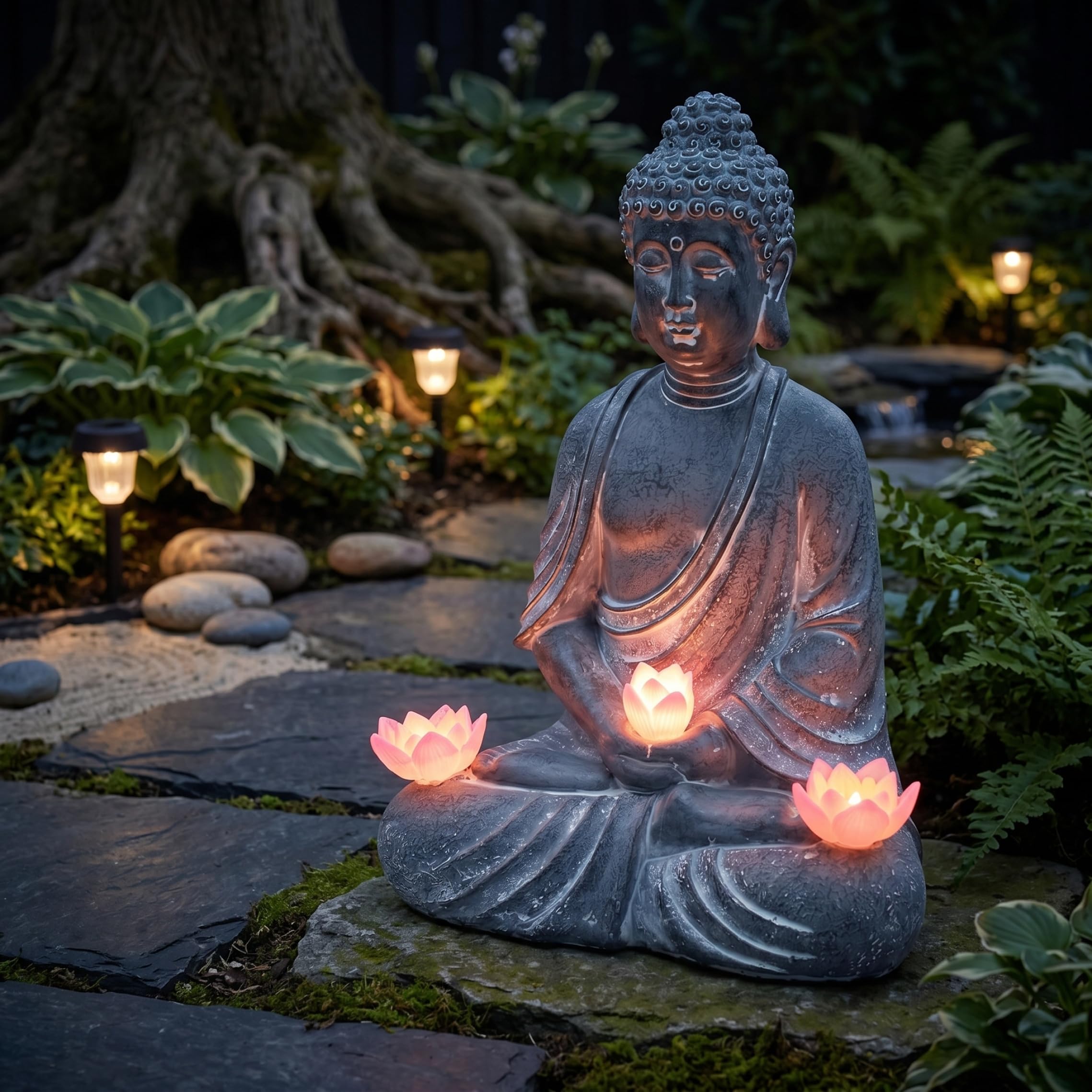Statue de Bouddha d'extérieur, Statues de Jardin Zen solaires, Figurine en résine imperméable avec Fleur Lotus pour Patio extérieur, pelouse, Balcon, Assis