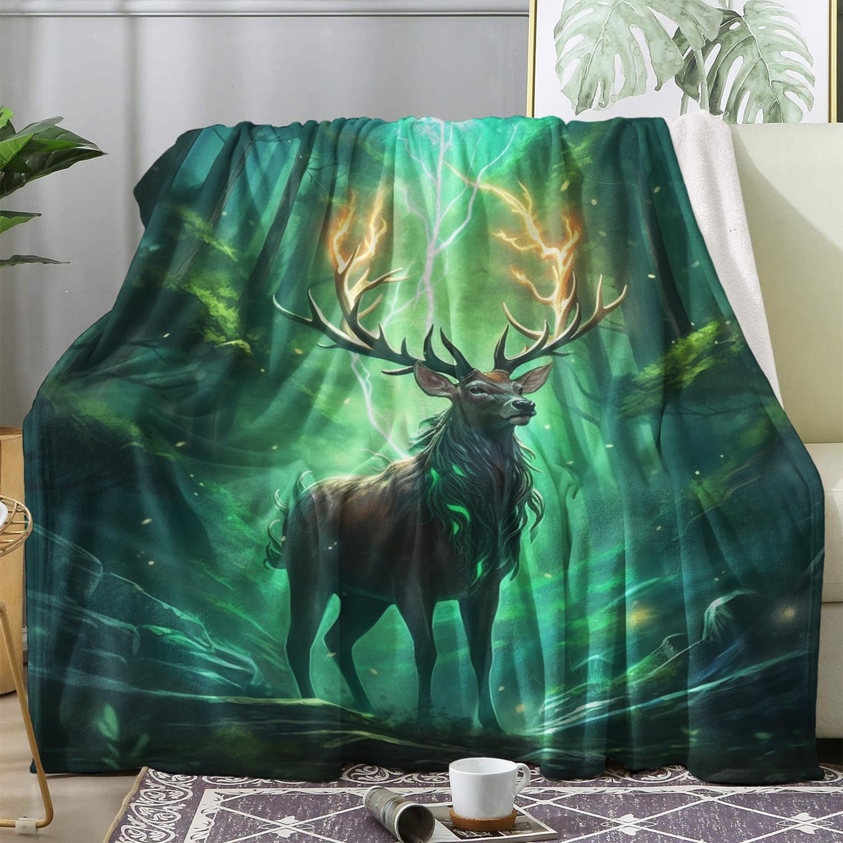 ECOTOS Deer Blanket Fantasy Animal Throw Fleece Blanket for Bed Sofa, Soft Fluffy Flannel Warm Blankets and Throws for Armchairs Couch Outdoor Camping Travel, Queen 220x240cm