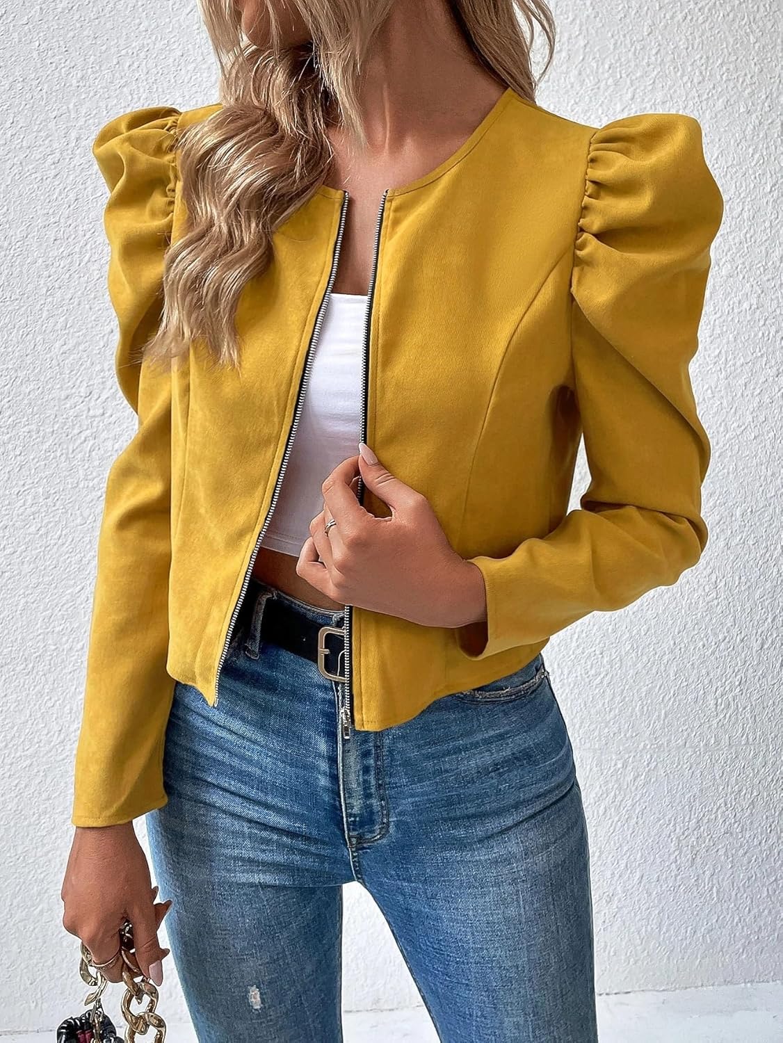 Women's Trench Coat Casual Leg-of-mutton Sleeve Zipper Jacket Round Neck Classic Overcoat