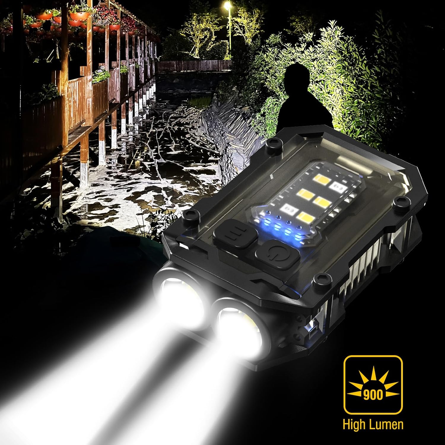 The NGOKPYD N10 flashlight illuminating a dark outdoor path with its 900 lumen high beam.