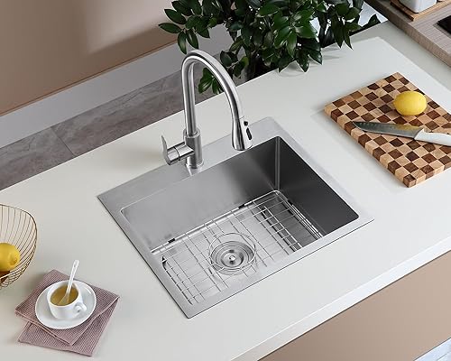 Miniatura 8 de MENATT Fregadero de cocina cepillado de 20 pulgadas, calibre 18, acero inoxidable, 1 orificio para grifo, fregadero de cocina con montaje superior