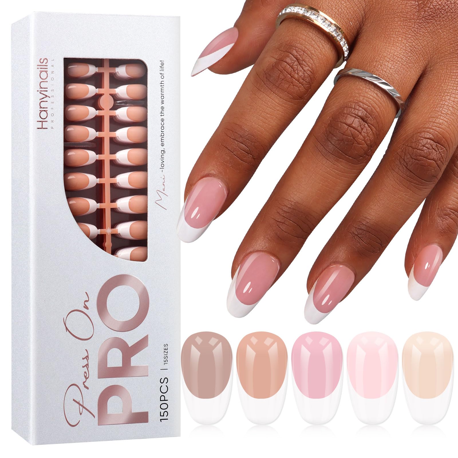 150 Pcs Medium Almond French Tip Press On Nails - 5 Colors, Pre-applied Primer & Base Coat, Soft Gel Tips, No Need to File, Pre-lasting, Nail Art DIY 15 Sizes