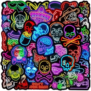 Neon Skull Stickers 50 Pcs Vinyl Horror Sugar Skull Waterproof Sticker for Water Bottle Computer Laptop Skateboard Car Bike Guitar,Funny Cool Halloween Mexican Day of Dead Decals for Teens Adults