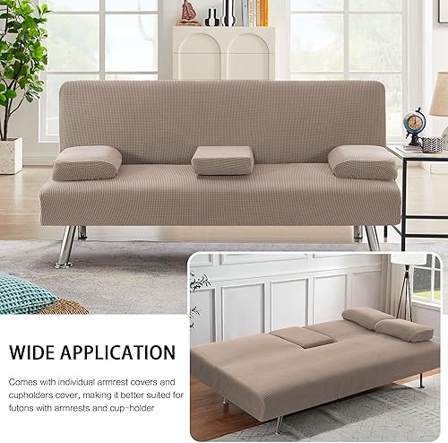 Miniatura 7 de H.VERSAILTEX 4 Fundas Elásticas para Futón, Funda para Sofá Cama con Reposabrazos Extraíbles y Fundas para Portavasos, Protector de Muebles de Tela