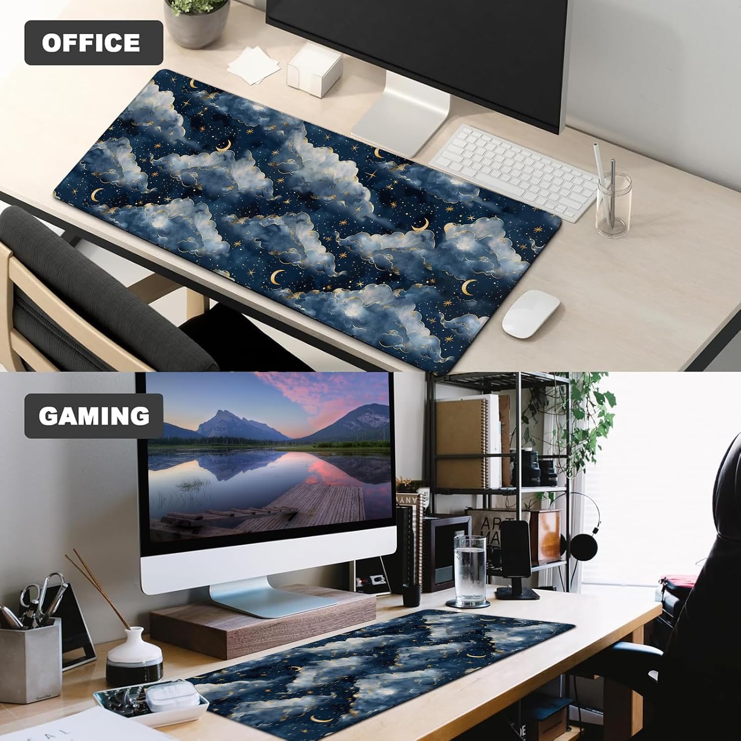 Moon and Cloud Gaming Mouse Pad,12x31.5in Non-Slip Rubber Starry Night Sky Desk Mat,Large Extended Blue Mousepad for Office Home Laptop,Mice Pads Gifts,Game Lover Deskmat Decor