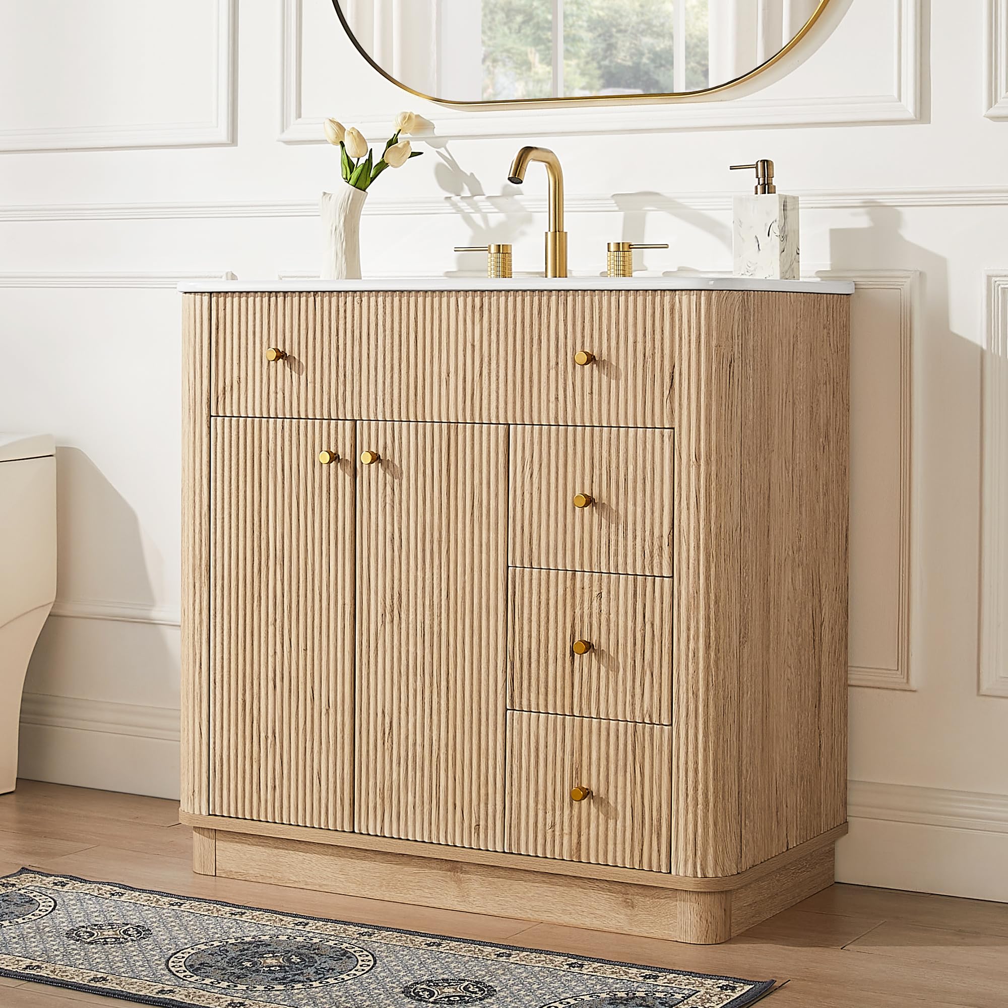 T4TREAM 36 Inch Fluted Bathroom Vanity Natural Oak