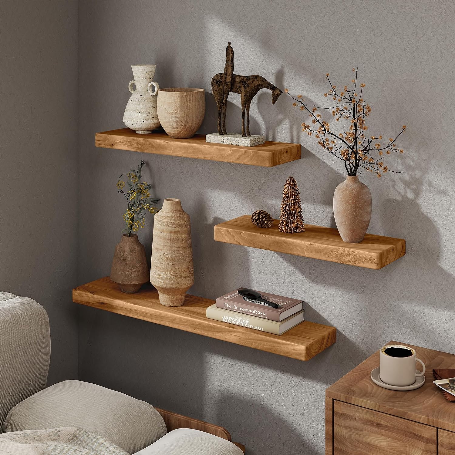 marsmiles 30 inch floating shelves for wall solid elm wood shelves|rustic wall mounted shelves with heavy-duty invisible bracket for bathroom living room kitchen|rounded edge design|natural, 2 pack natural rounded edge, 30"l, 2packs