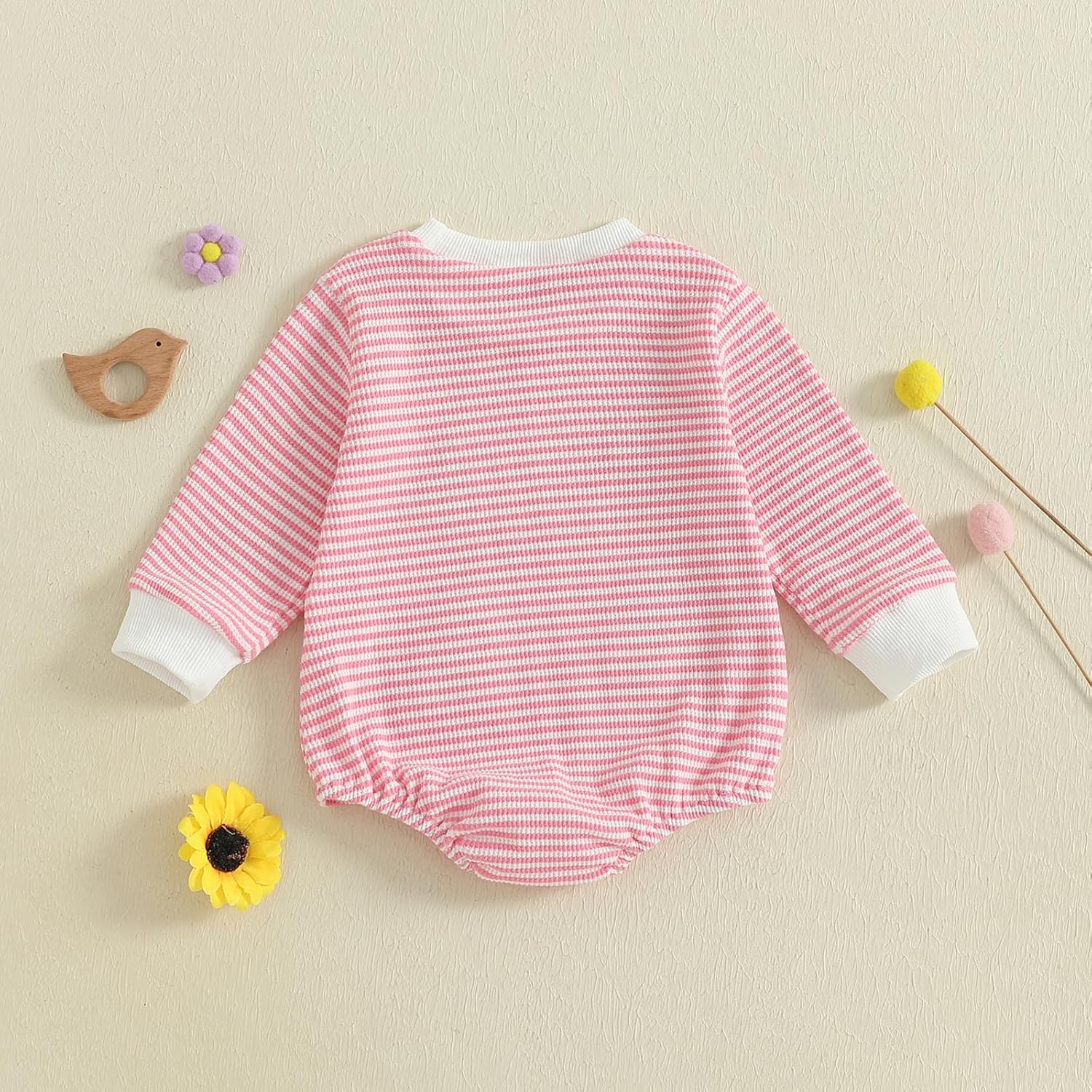 Newborn Baby Girl Outfit Goose Waffle Striped Long Sleeve Romper Jumpsuit One Piece Bubble Clothes - Image 2