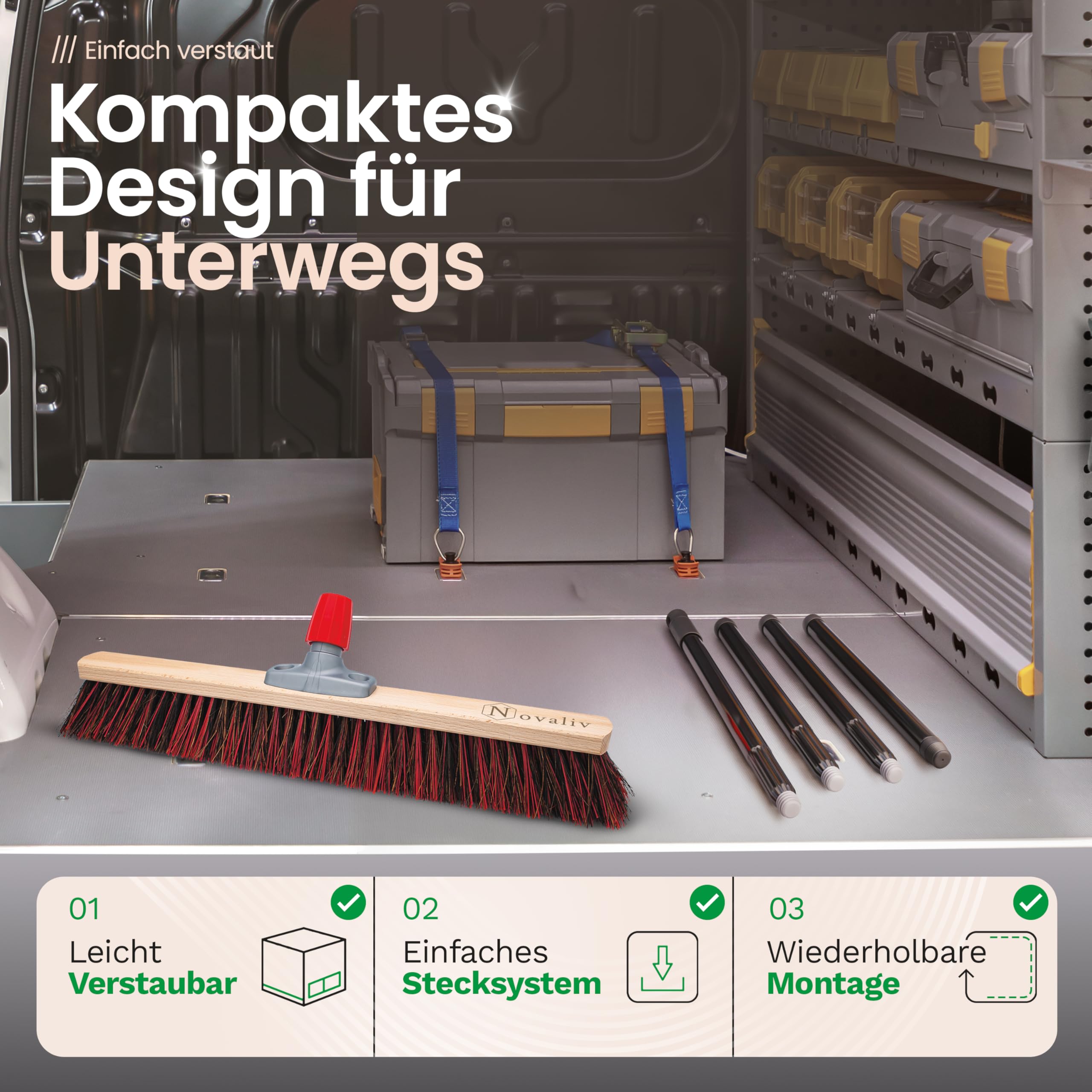 Novaliv Straßenbesen mit Stiel 60 cm Arenga-Elaston Borsten inkl. Kehrgarnitur verzinkt bestehend aus Kehrblech und Handfeger Ideal als Gartenbesen Terassenbesen Hofbesen Kehrbesen Outdoor Broom