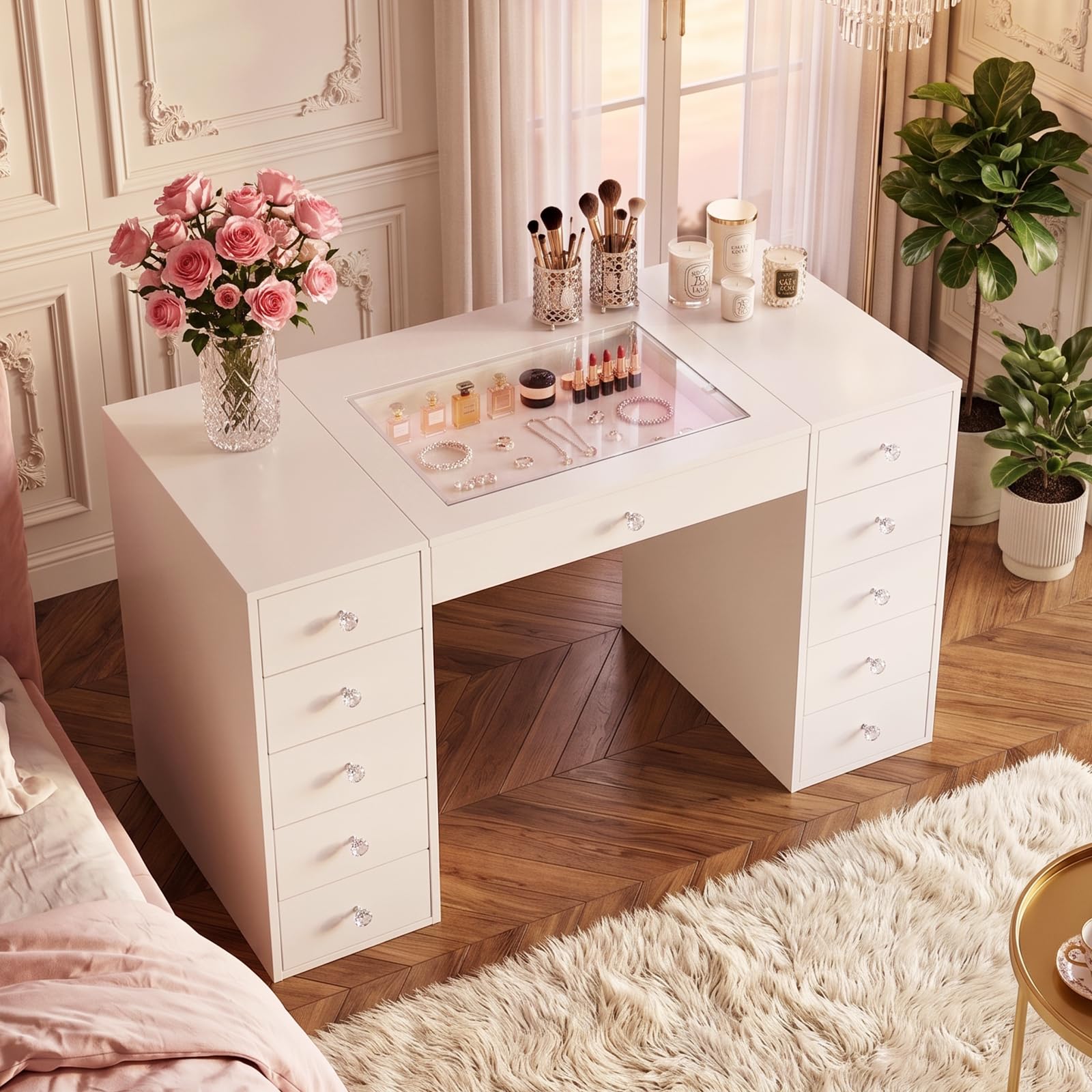 FENCHILIN Dressing Table with Lights Vanity Makeup Desk 11 Large Drawers