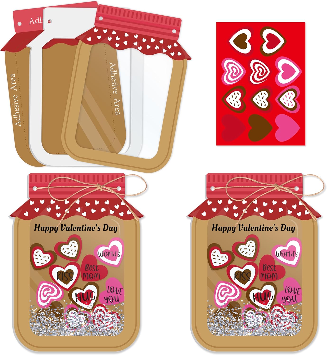 WATINC Valentine's Day Candy Jar Craft Kit - DIY EVA Heart Mason Jar with Glitter & Sequins, Thankful Sweet Candy Jar Decor for Valentine Art Party, Fun Art Projects (24 Pcs)