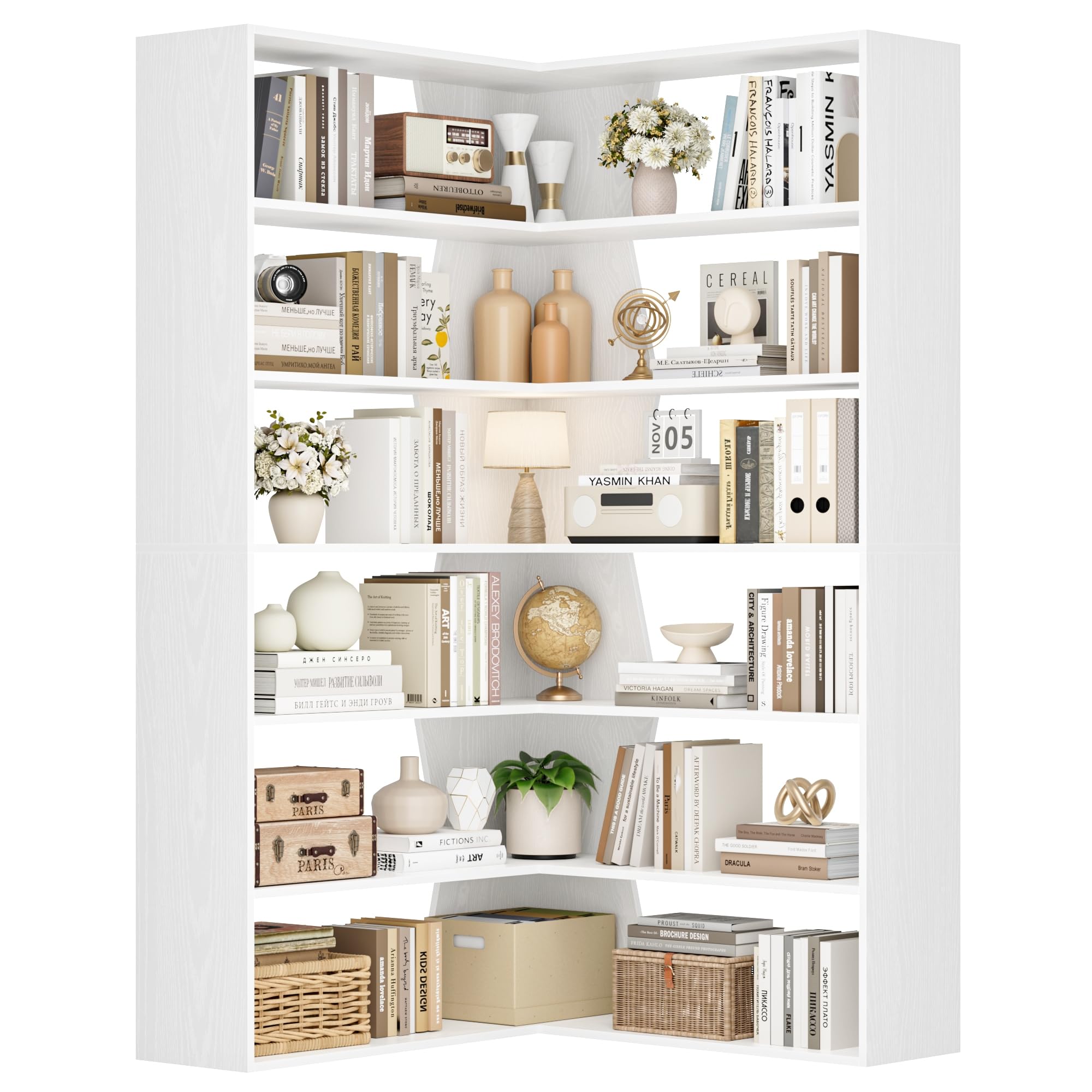 FirFurd Bibliothèque 190cm Bibliotheque d'angle avec 6 Étagères de Rangement Bibliotheque Meuble de Rangement pour Salon Bureau Chambre 90x90x190.5cm Blanc