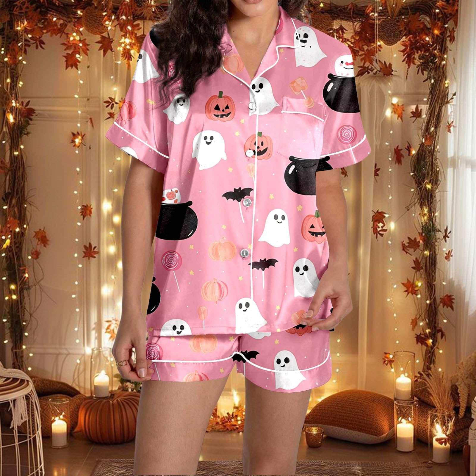 Generisch Damen Pyjama-Set mit Halloween-Print kurzärmliges Oberteil Shorts Bequeme Schlafanzug-Kombination für heiße Nächte ideale Freizeitkleidung für