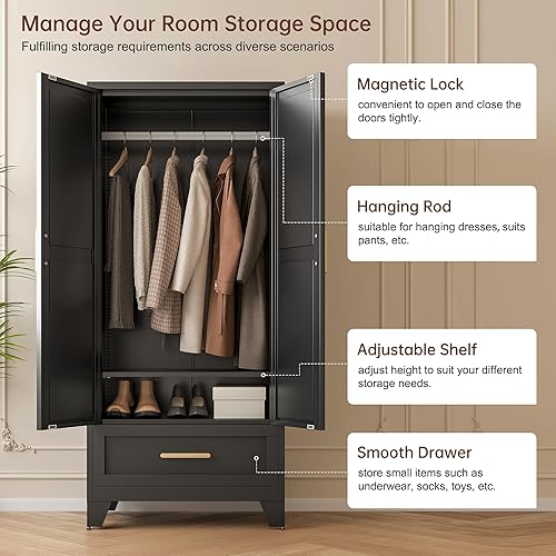 Vista 4 de Armario de metal de 71 pulgadas de alto con cajón y barra para colgar, armario de 2 puertas con estante para dormitorio, oficina, lavandería