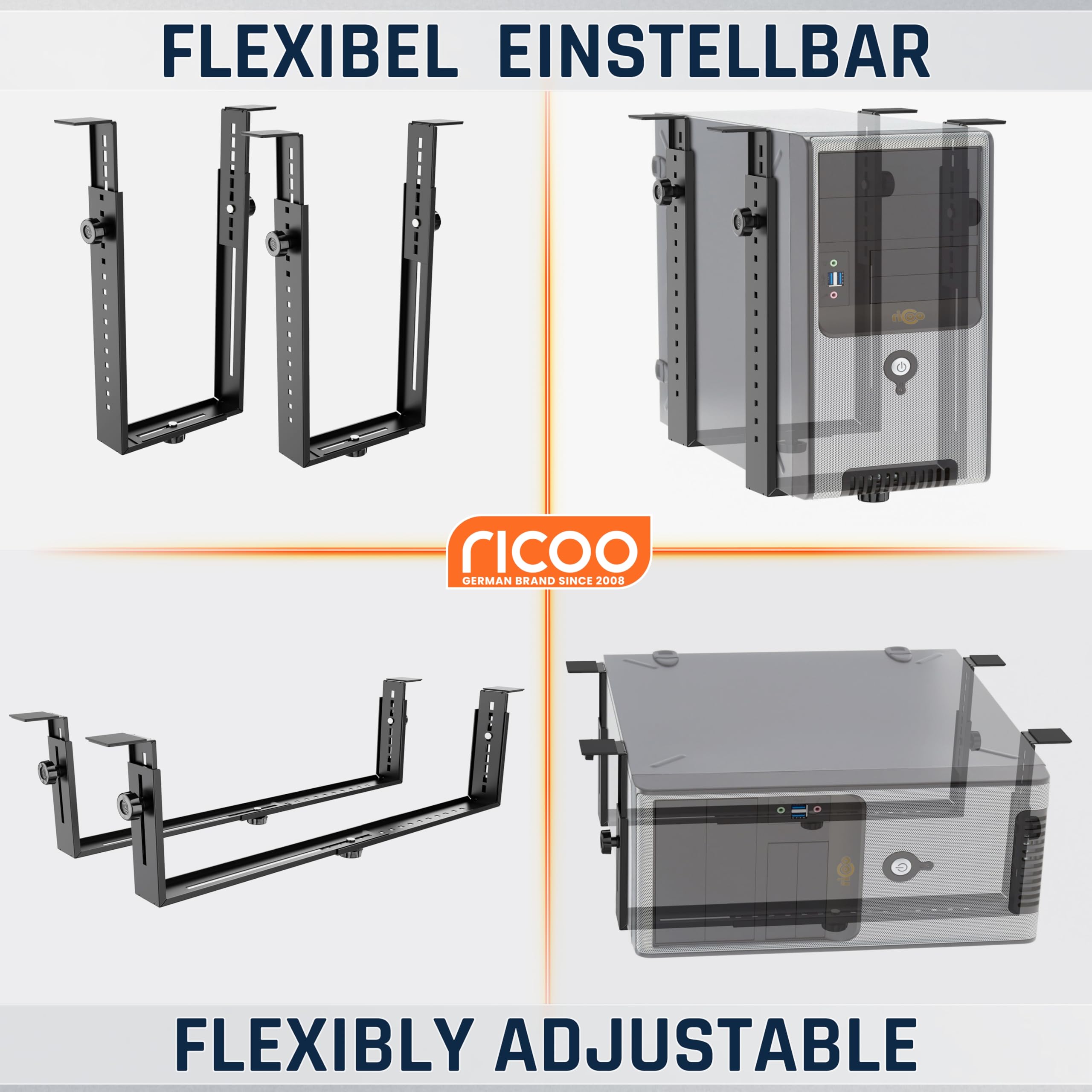 RICOO Supporto PC scrivania TRH02-B Montaggio case sotto tavolo Computer Nocciolo Salvaspazio Fisso Regolabile Nero