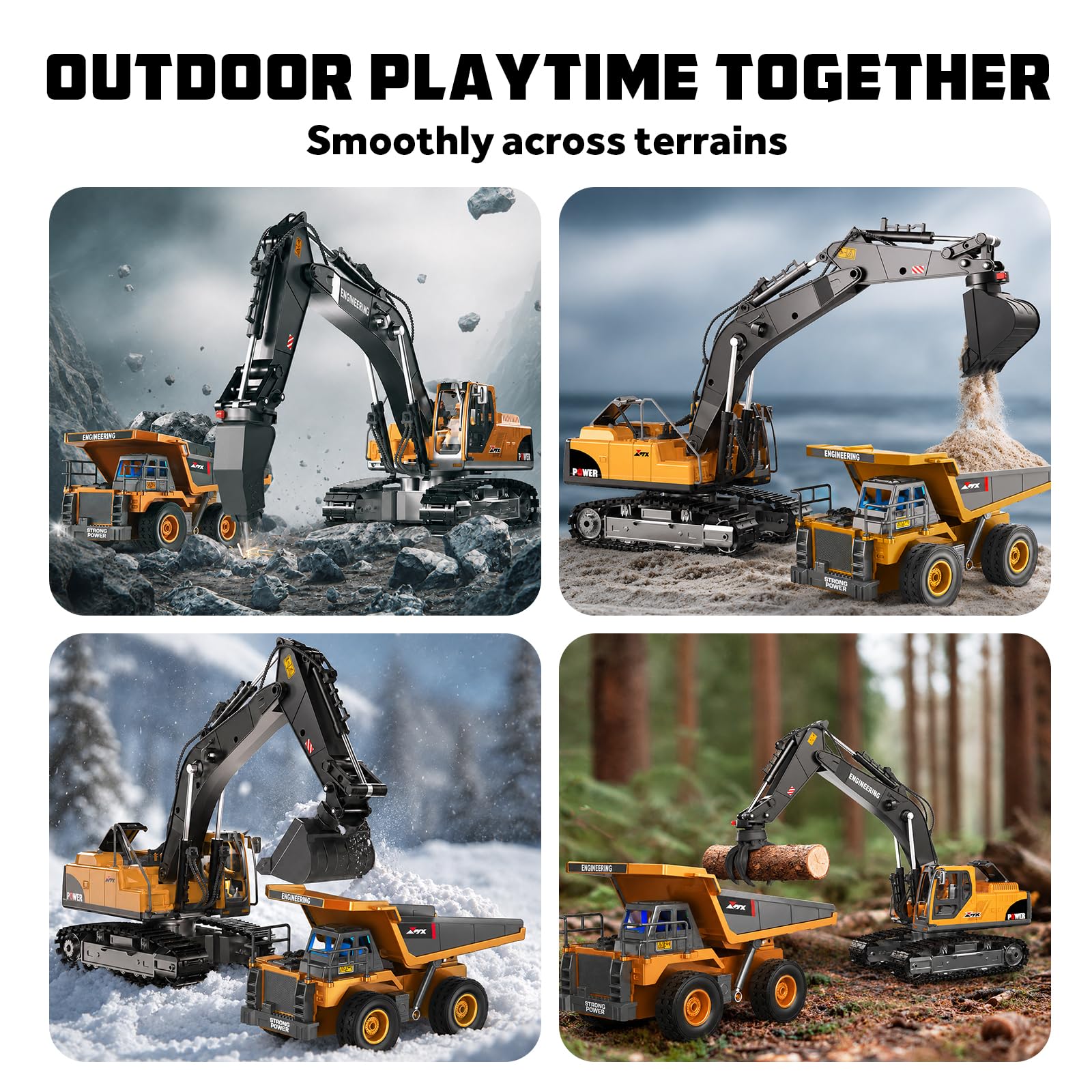 GraceDuck Excavadora Teledirigido y Camiones de Juguete para Niños – Kit 3 en 1 de Construcción con 2 Mandos, Camion Teledirigido Accesorios de Metal Juguetes de Playa, Regalo para Niños 6-12 Años