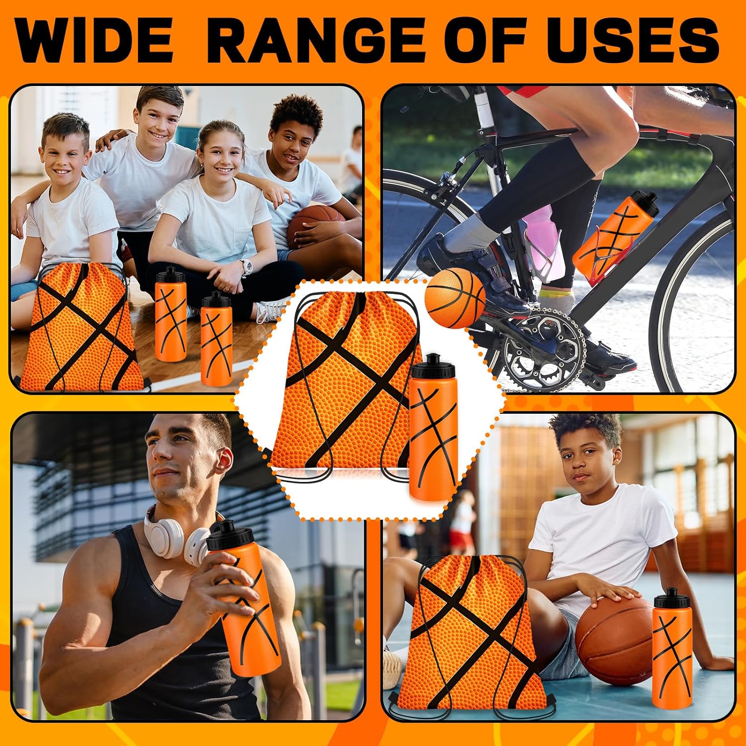 Denylo pro 18 Sets Basketball Water Bottle 20 OZ Sports Ball Cup Accessories with Basketball Drawstring Bag for Sports Party Favor Ball Stuff Party Favors Gifts