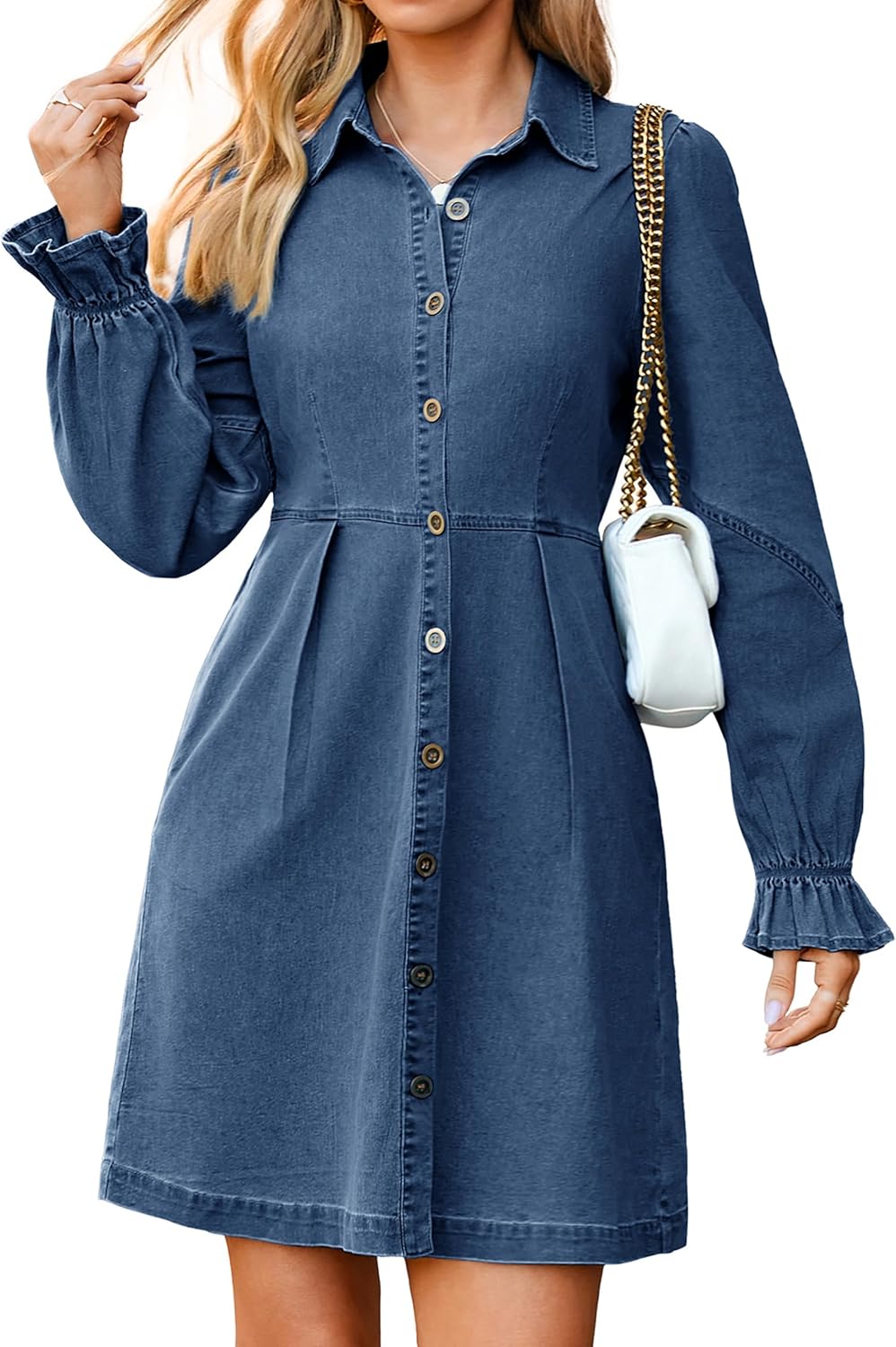 Simplee Womens Denim Dress Long Sleeve 2025 Fall Western Outfit Babydoll Button Down Mini Jean Dresses Trendy with Pockets