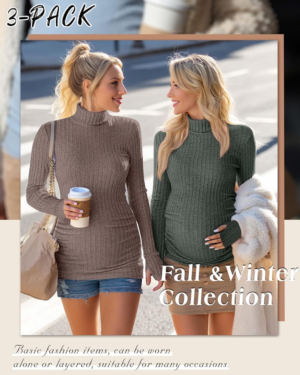 3 Pack Maternity T-Shirts Pregnancy Tops Women Sweater Long Sleeve Turtleneck Ribbed Finger Sleeve Outfits - Image 5