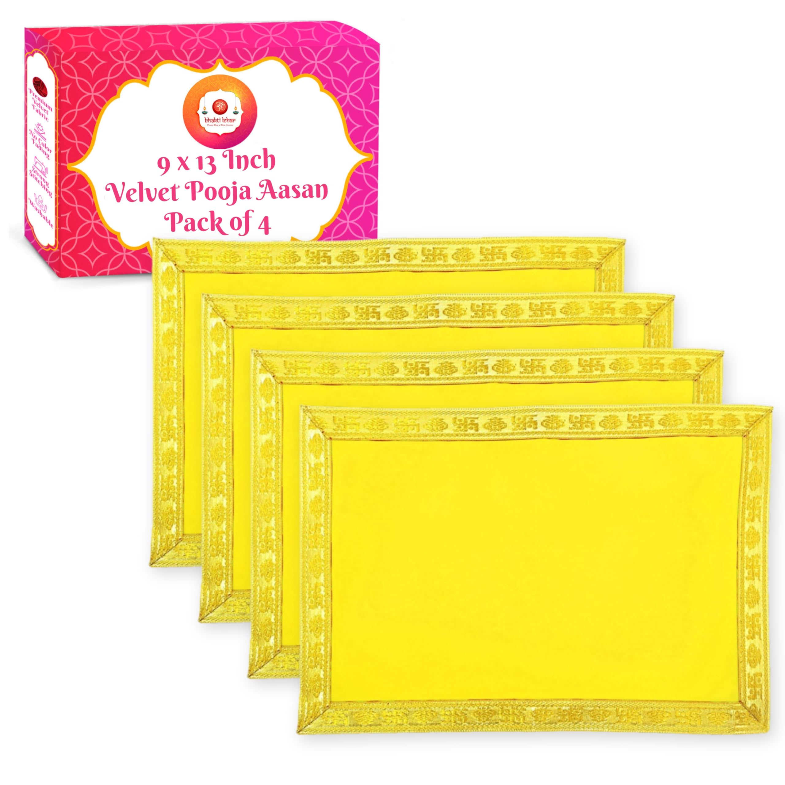 Bhakti Lehar (9 x 13 Inch) Plain Yellow Velvet Pooja Aasan for God Idol/Chowki Aasan Kapda Cloth for Temple Shelf Home Mandir, Ganesh Baithak and God Idol Sitting - Pack of 4-image-10