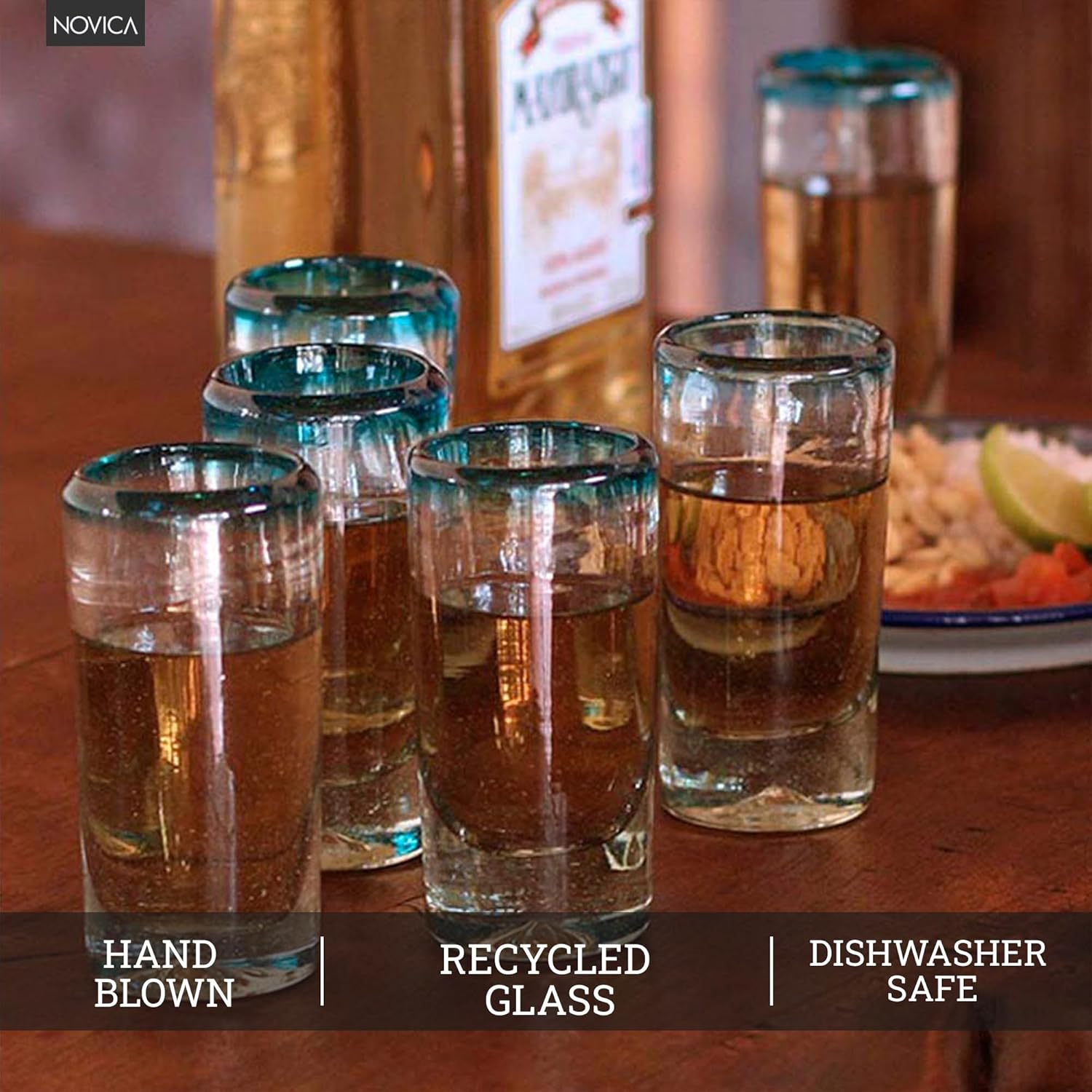 NOVICA Hand Blown Clear Blue Rim Recycled Glass Shot Glasses, 3 Oz 'Aquamarine' (Set Of 6)
