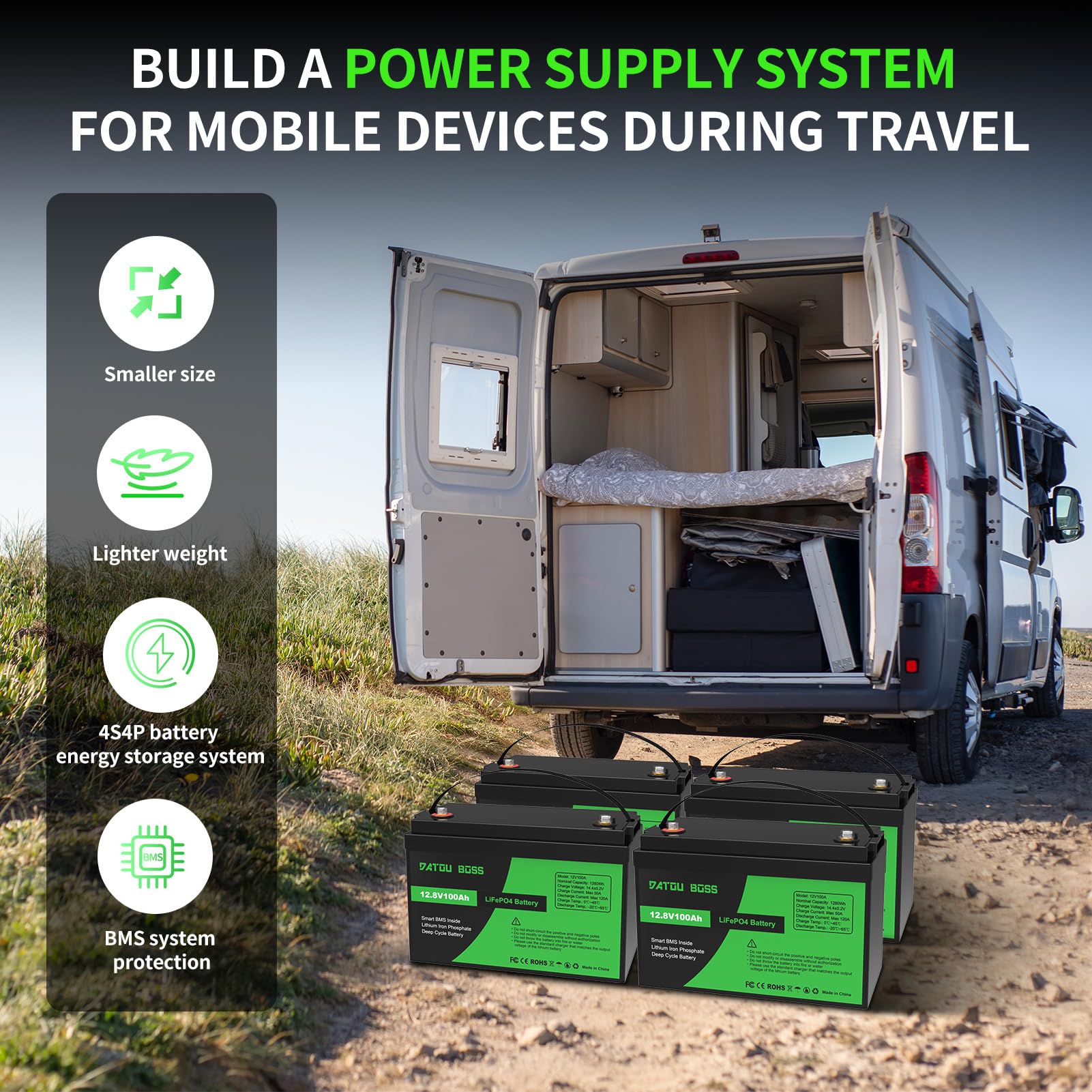 DATOUBOSS 2*Batteria al litio 12V 100Ah LiFePO4, BMS integrato 100A, fino a 8000-15000 cicli, uscita massima 1280Wh, perfetta per camper, pannelli solari, caravan, barche,Sistemi fuori rete