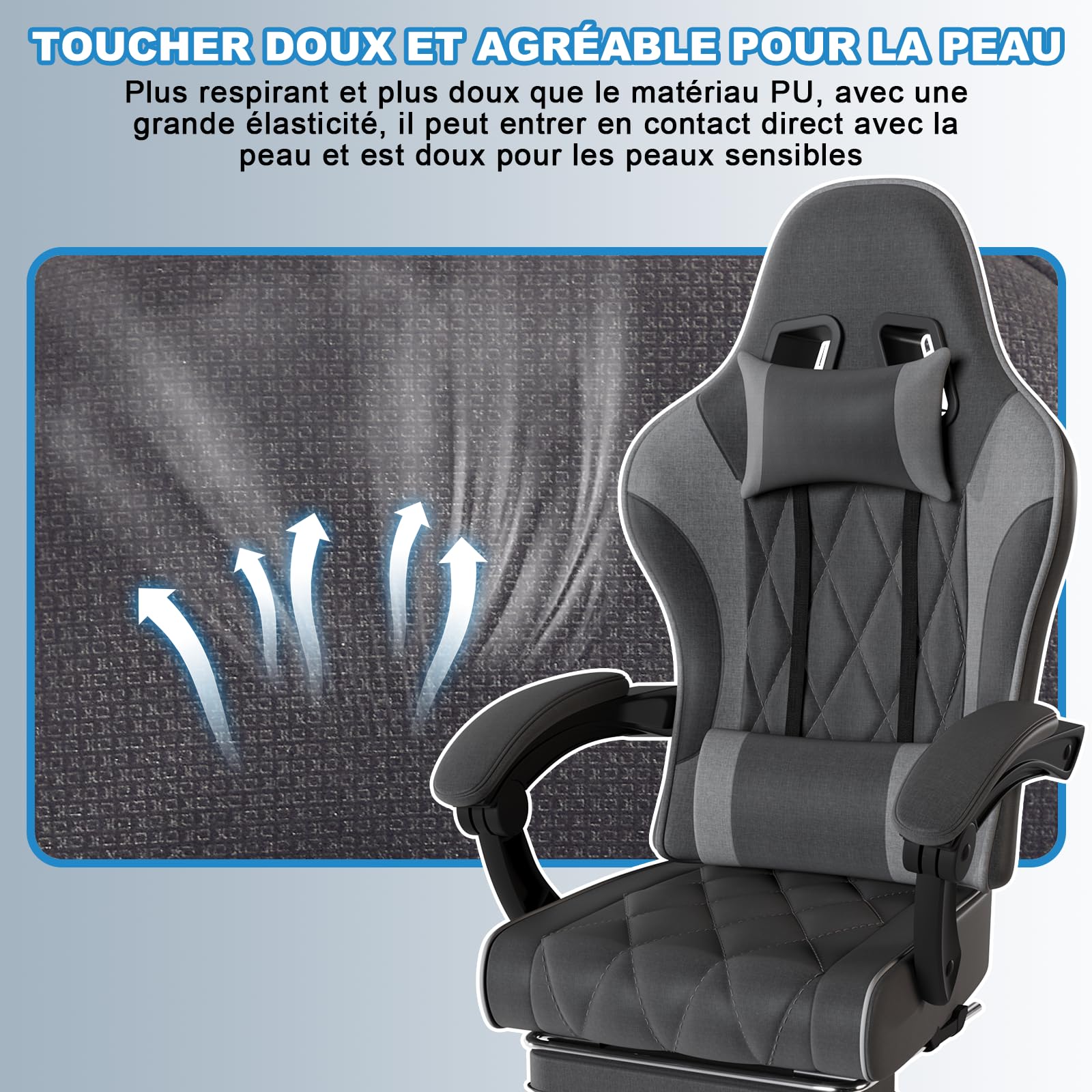 Devoko Massage Gamingstoel, van zachte high-tech stof met massage-lendensteun, voetsteunen, 150 kg belastbaarheid, ergonomische bureaustoel