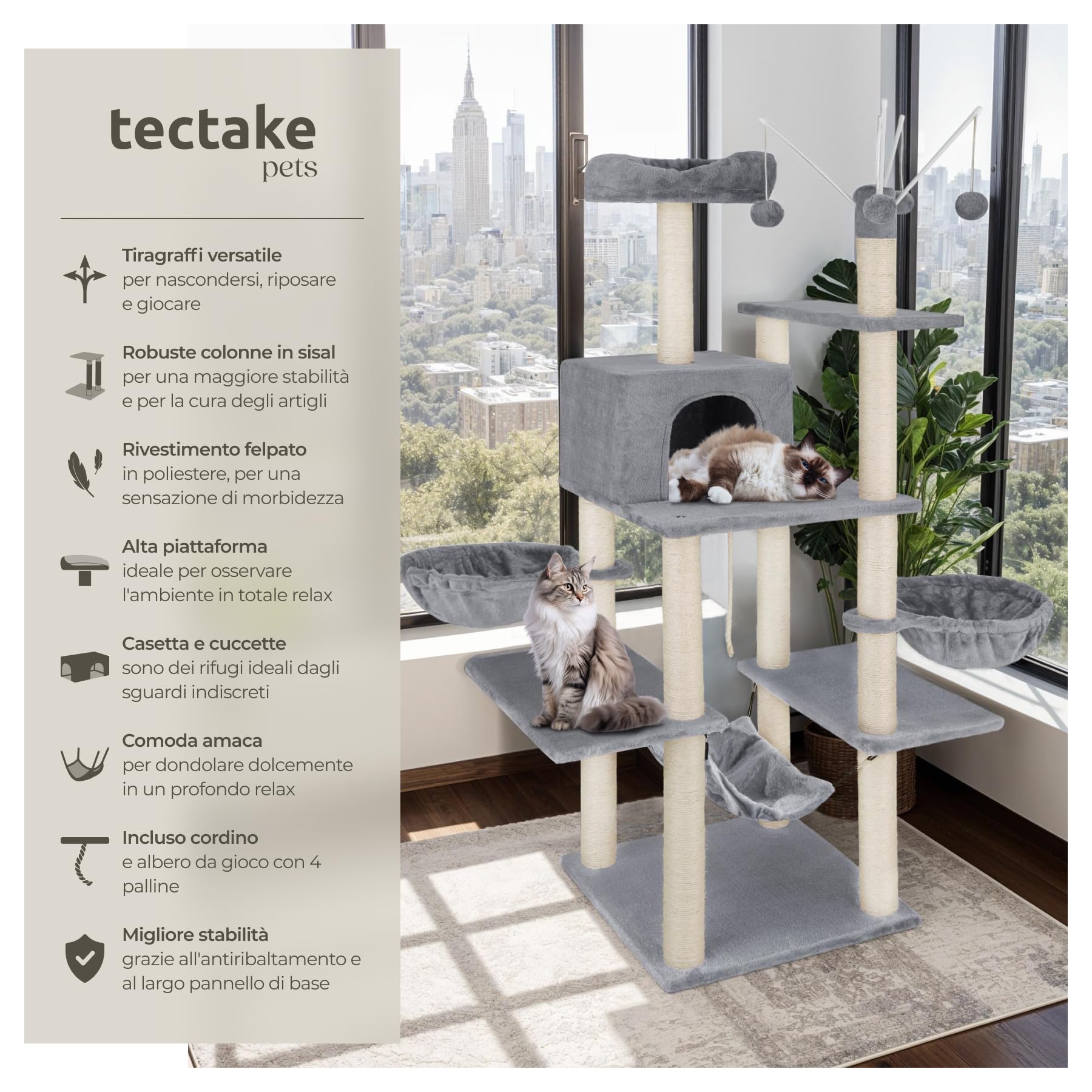 tectake® Albero Tiragraffi per Gatti con Colonne in Sisal, Tiragraffi Gatto con Cuccette e Comoda Casetta, Tiragraffi con Piattaforma Panoramica, Rivestimento in Morbido Peluche - Grigio