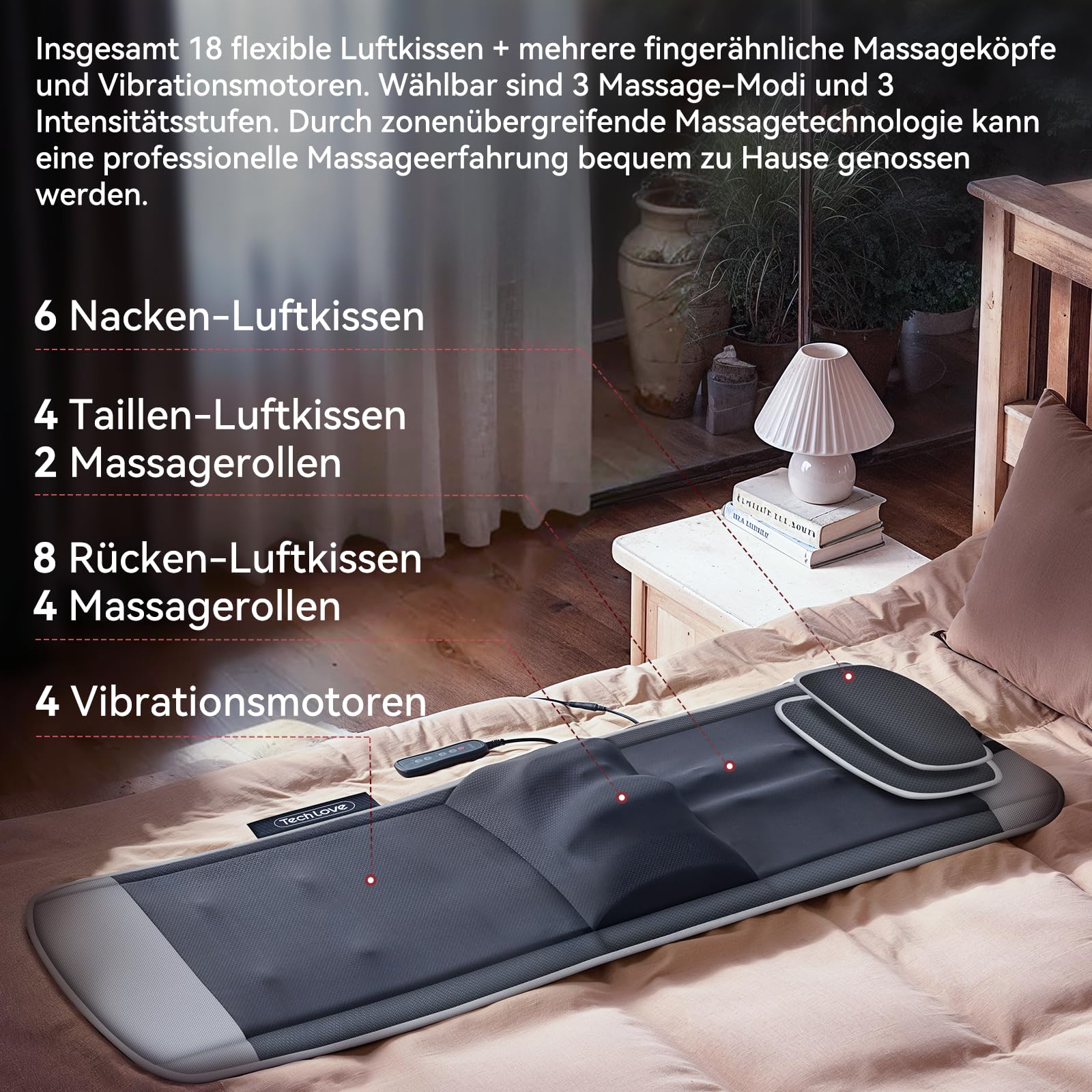 Tech Love Massagematratze Hochwertige Massagematte mit Verschiedenen Modi, Einfache Bedienung, Perfekt für Erholsamen Schlaf und Tägliche Entspannung
