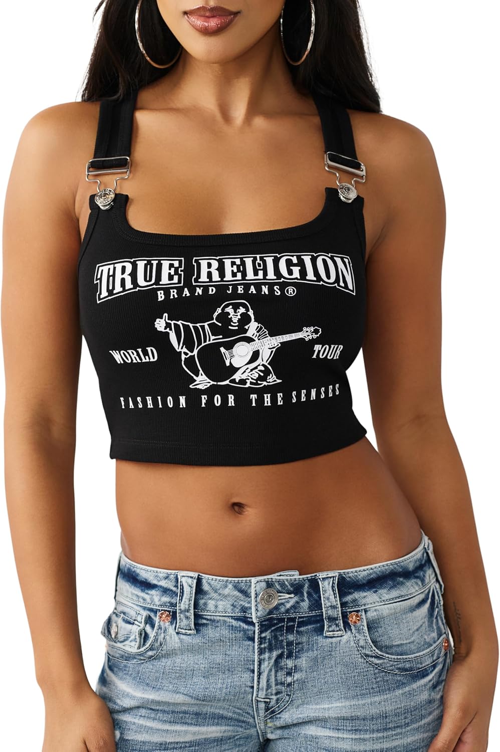 True Religion Women’s Ribbed Buddha Overall Tank – Ribbed Knit, Crew Neck, Racerback Design