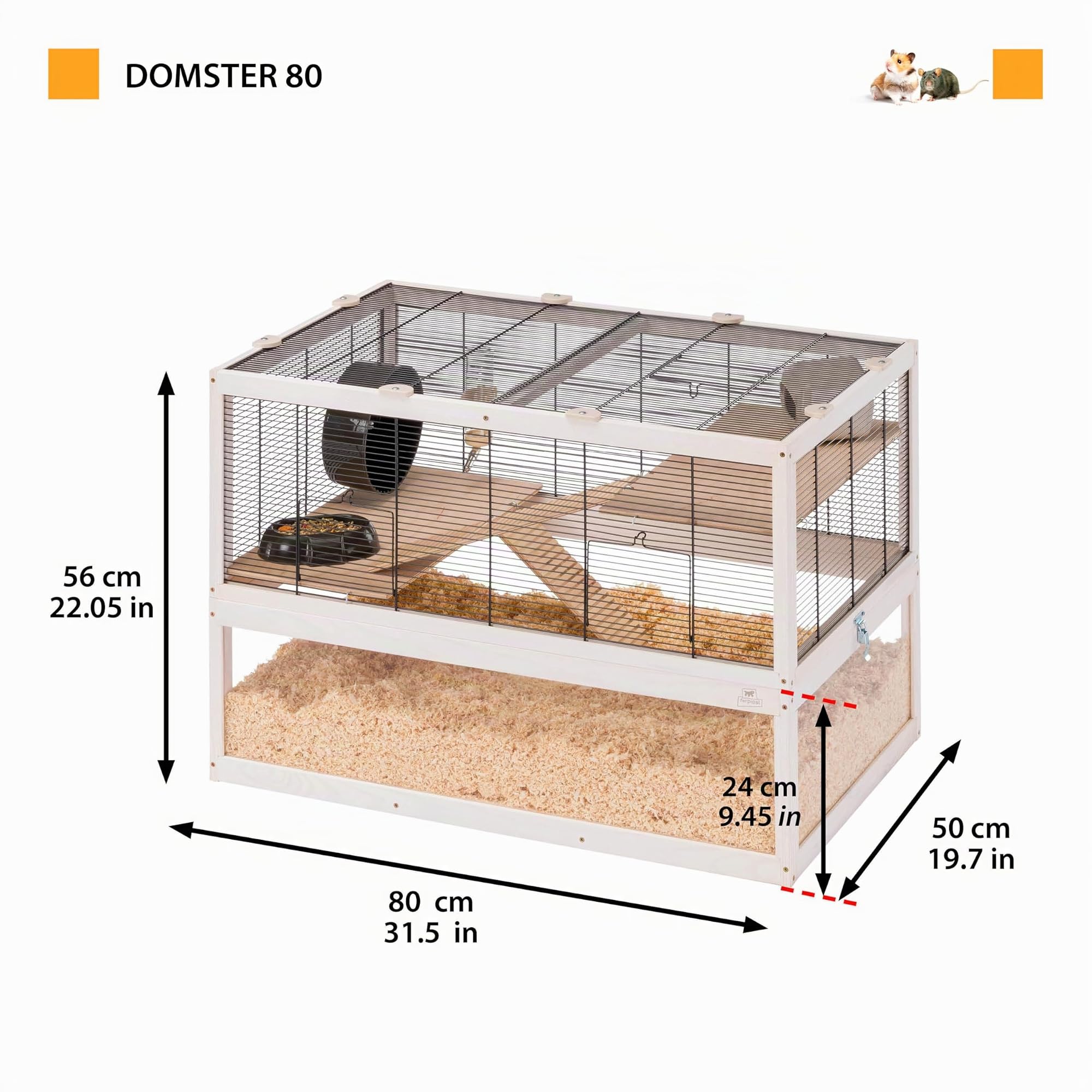Ferplast Gabbia per criceti DOMSTER, Gabbia per topi a 3 livelli, con accessori, piattaforme e scale, metallo verniciato e legno FSC, base trasparente, gabbia per criceti in legno 80 x 50 x h 56 cm