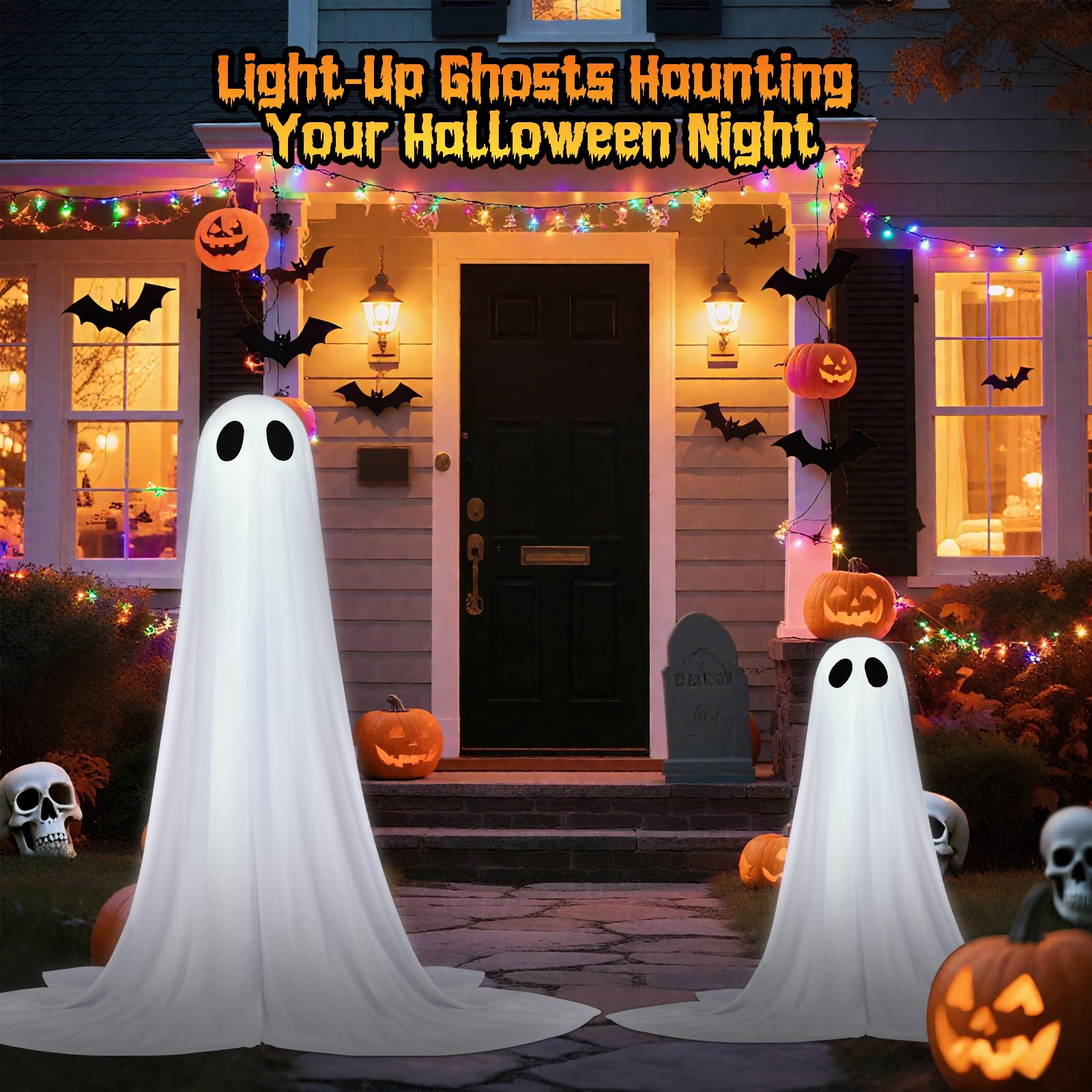 2 Pack Halloween Ghosts Outdoor Pink Spooky Ghost Decorations Outside 36'' & 18'' Tall White Light Timer Function Standing Scary Light Up Ghost Kit for Porch, Courtyard, Party, Haunted Houses (Pink): 36'' White Ghost