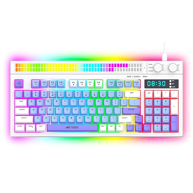Ant Esports MK1900 RGB Wired Gaming Keyboard with Volume Knob & Alarm Clock, 93 Keys + 6 Macro Keys, Mechanical Feel Membrane, DIY Backlit Effects, Compatible Windows/Mac/Linux – White/Purple/Blue