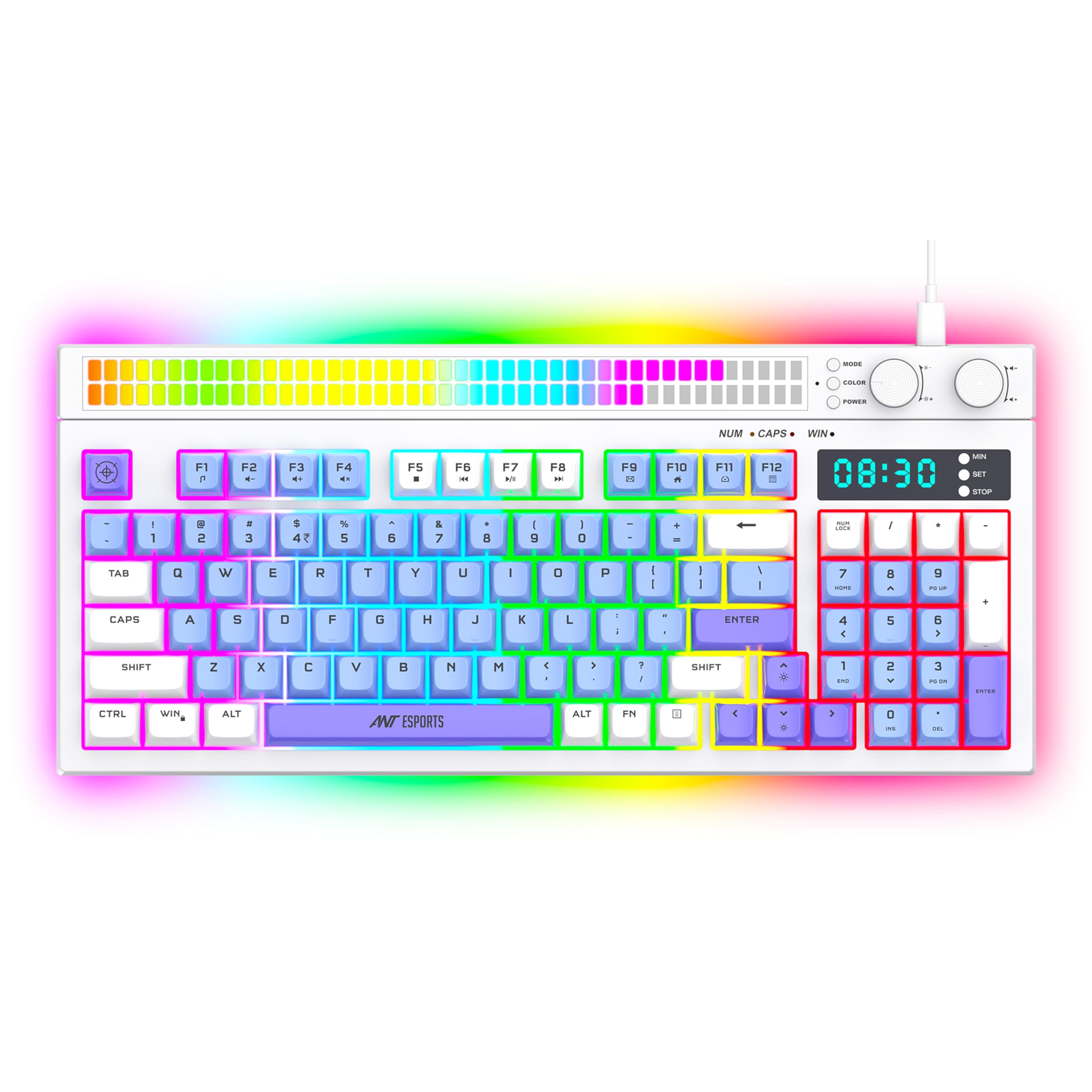 Ant Esports MK1900 RGB Wired Gaming Keyboard with Volume Knob & Alarm Clock, 93 Keys + 6 Macro Keys, Mechanical Feel Membrane, DIY Backlit Effects, Compatible Windows/Mac/Linux – White/Purple/Blue-image-41