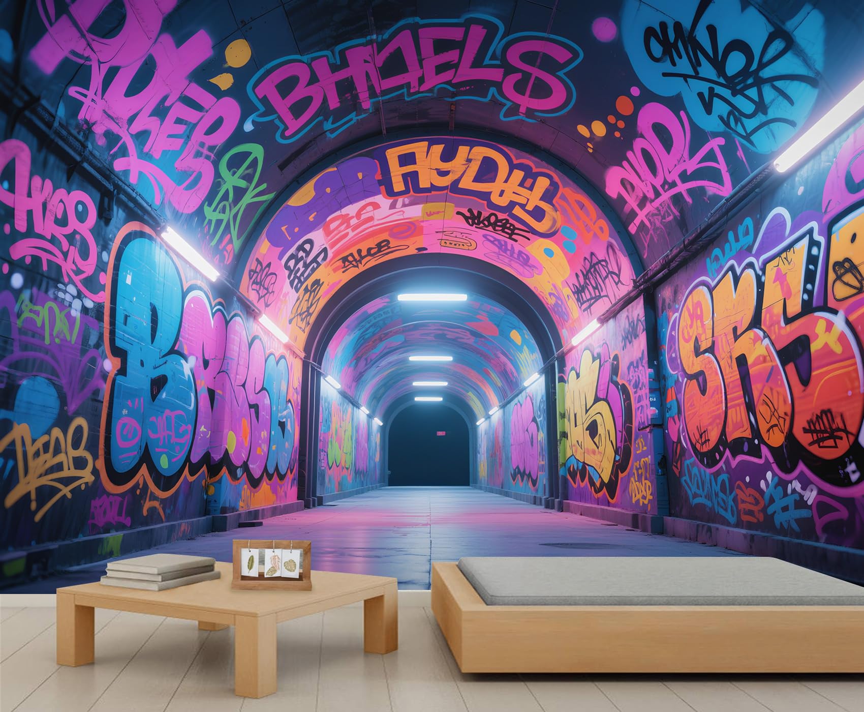 Graffiti Tapete Wandbilder, Neon Graffiti Schlafzimmer Tapete, Street Art Wandpapier für Wohnzimmer, nicht selbstklebende Tapete, Hip Hop großes Wandbild & Raumdekor 350 x 250 cm