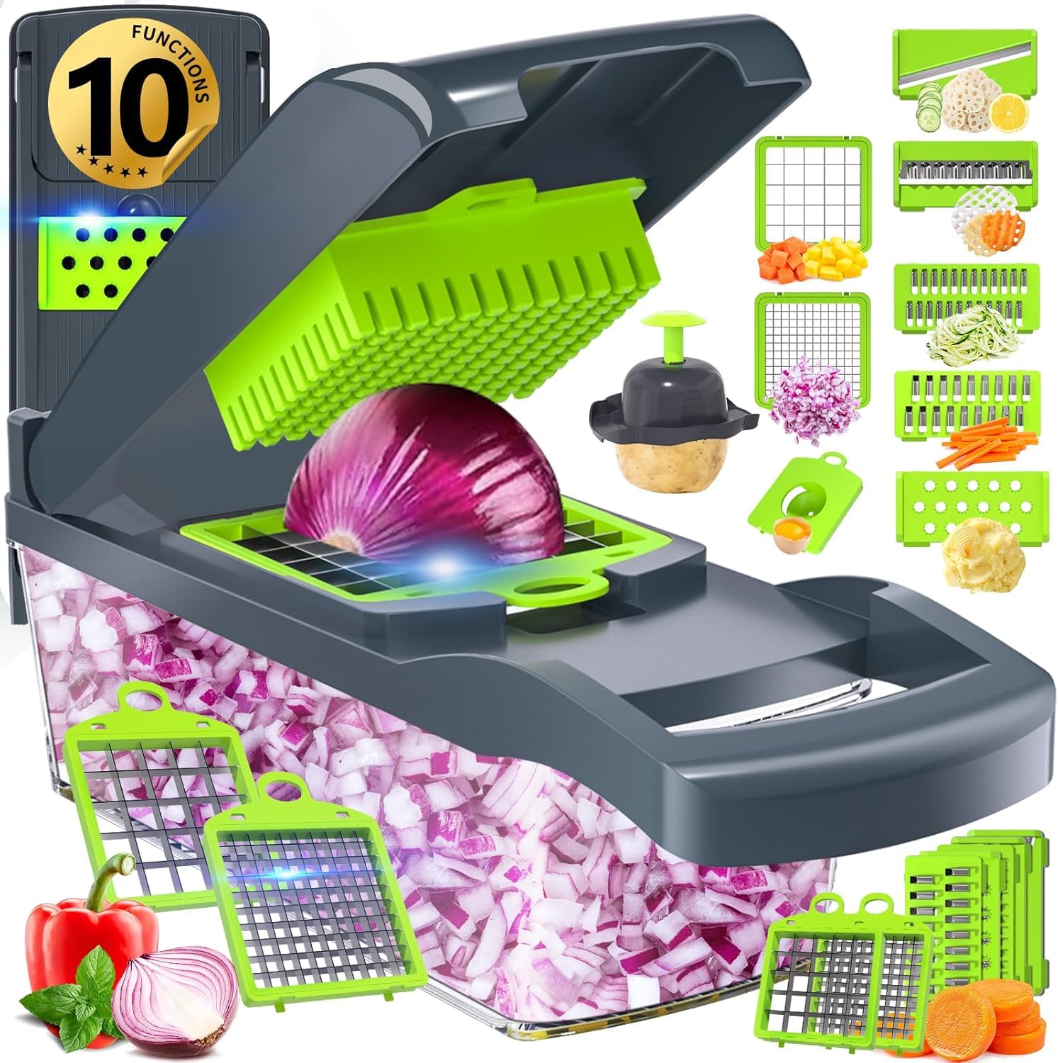HOOJO® 8-in-1 Multifunctional Vegetable Chopper & Slicer – 8 Stainless Steel Blades for Chopping, Dicing, Slicing & Grating – 1.2L Large BPA-Free Food Container – Easy to Clean