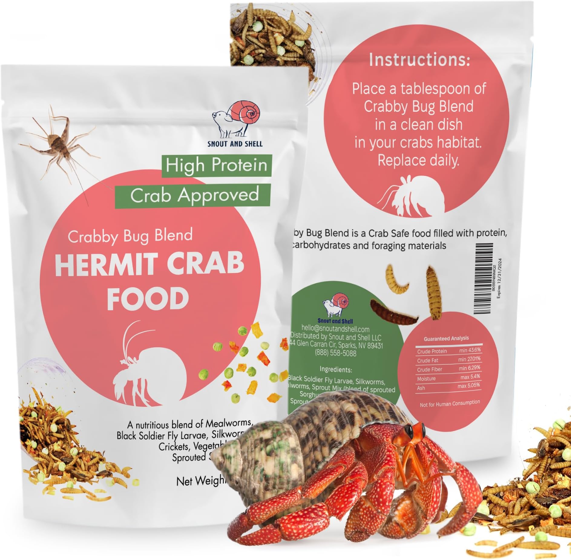Crabby Bug Blend Natural Hermit Crab Food – Crickets, Mealworms & Sprouted Veggies – 28g – Snout and Shell