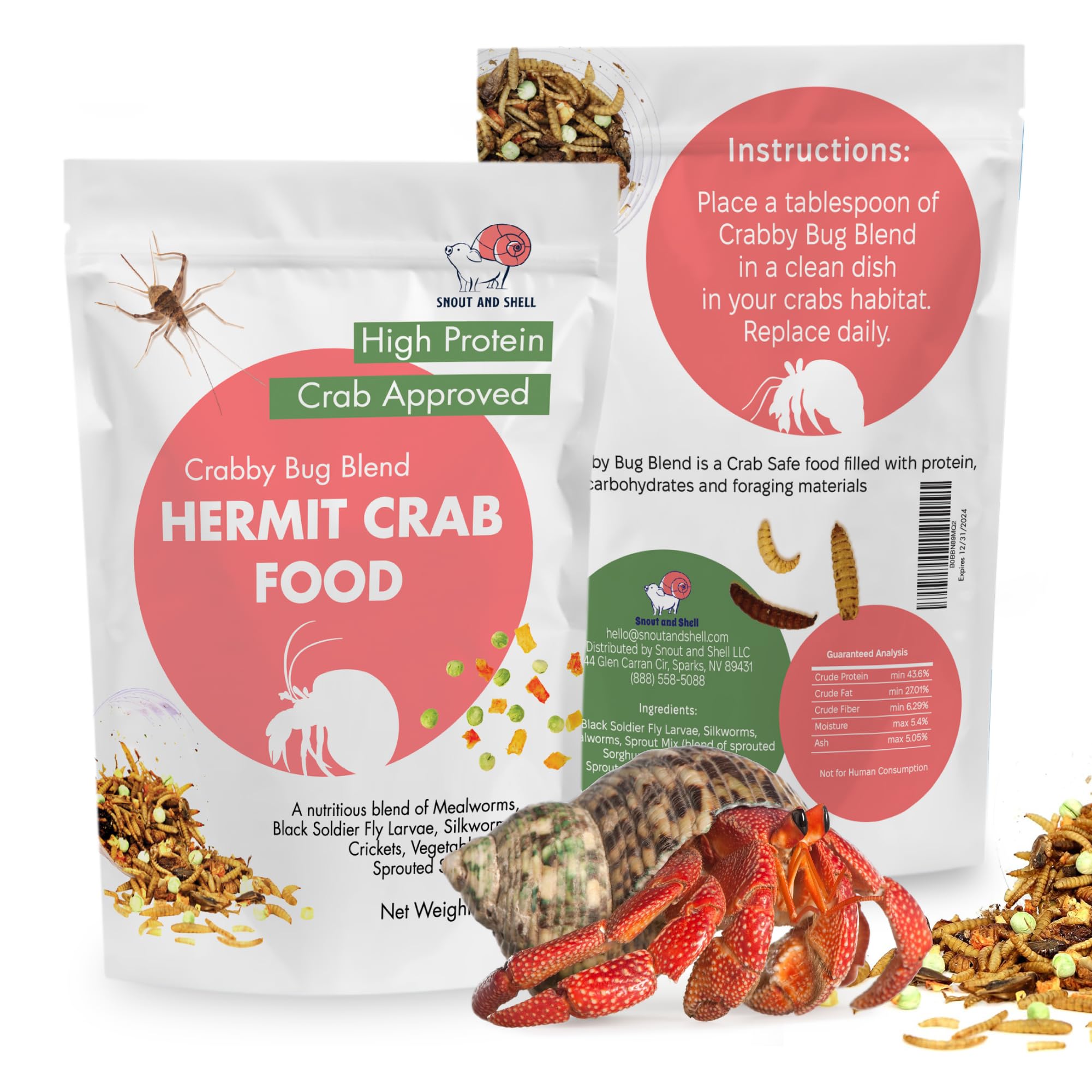 Crabby Bug Blend Natural Hermit Crab Food – Crickets, Mealworms & Sprouted Veggies – 28g – Snout and Shell