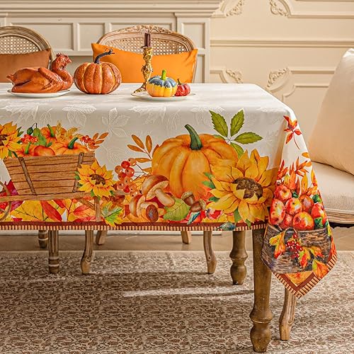 Miniatura 1 de Softalker Mantel rectangular de jacquard de Acción de Gracias, calabazas de cosecha de otoño, hojas de girasol, tela de damasco, lavable, de