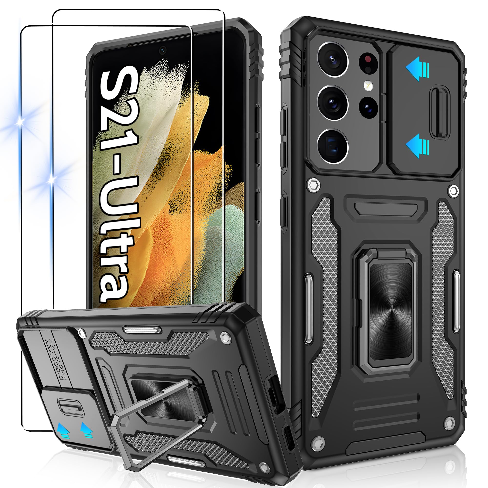 Gritup for Samsung Galaxy S21 Ultra Case with Slide Camera Cover + [HD Screen Protector×2], 360° Metal Rotated Kickstand,14FT Military Grade Shockproof Protective，Cover for Samsung S21 Ultra,Black Galaxy S21 Ultra(6.8 Inches) Black