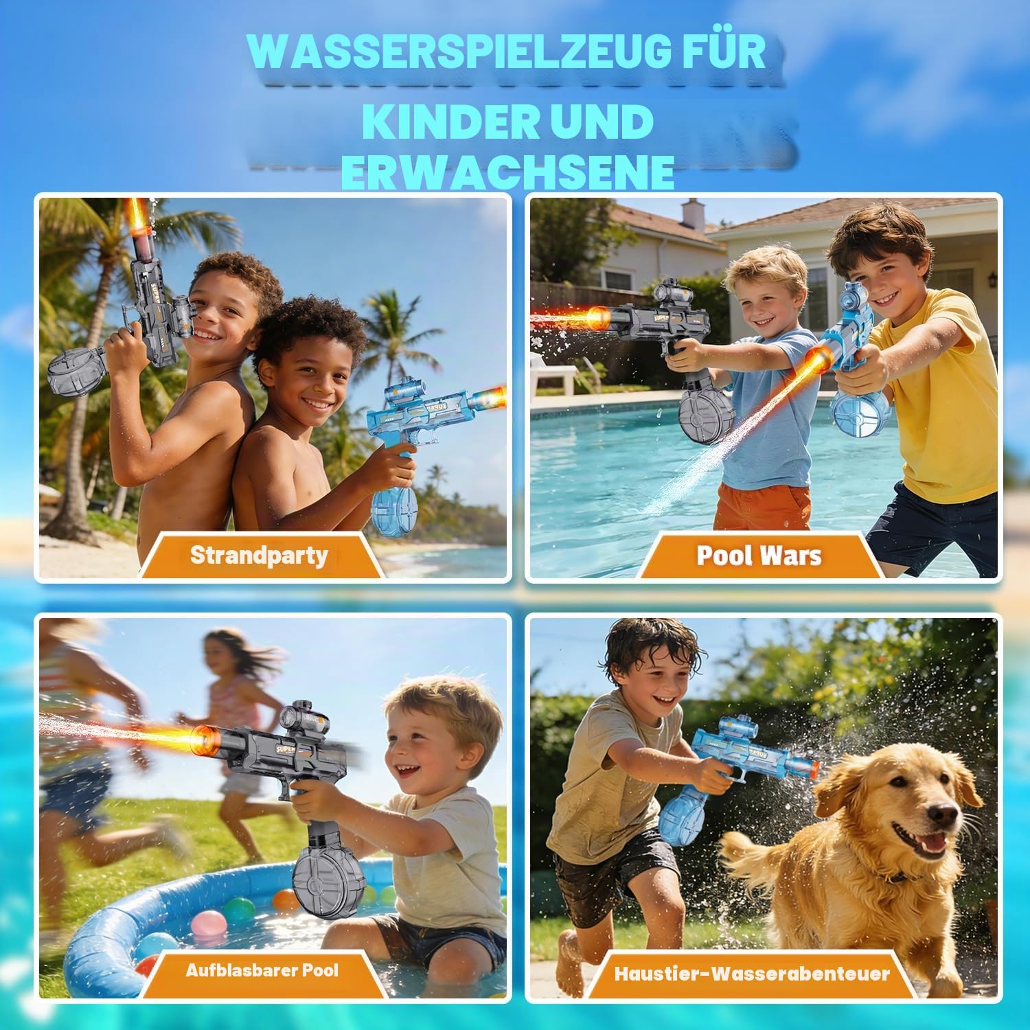 4 Pack Wasserpistole Elektrisch, Wasserpistolen mit Cooler LED-Flamme, 8-10 M Reichweite, Wasserpistole kinder für Schwimmbad, Strandparty, Sommer-Spielzeug im Freien für Jungen und Mädchen 3-12 Jahre