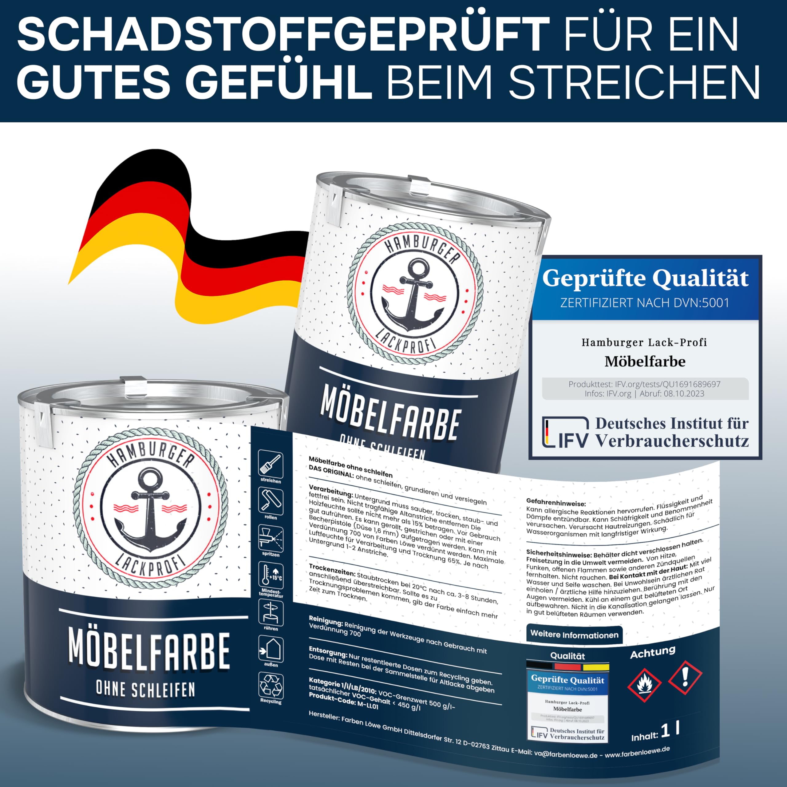 Hamburger Lack-Profi Möbelfarbe ohne Schleifen FARBAUSWAHL - GLANZAUSWAHL Möbellack Holz und Metall - für Innen & Außen (1 L)