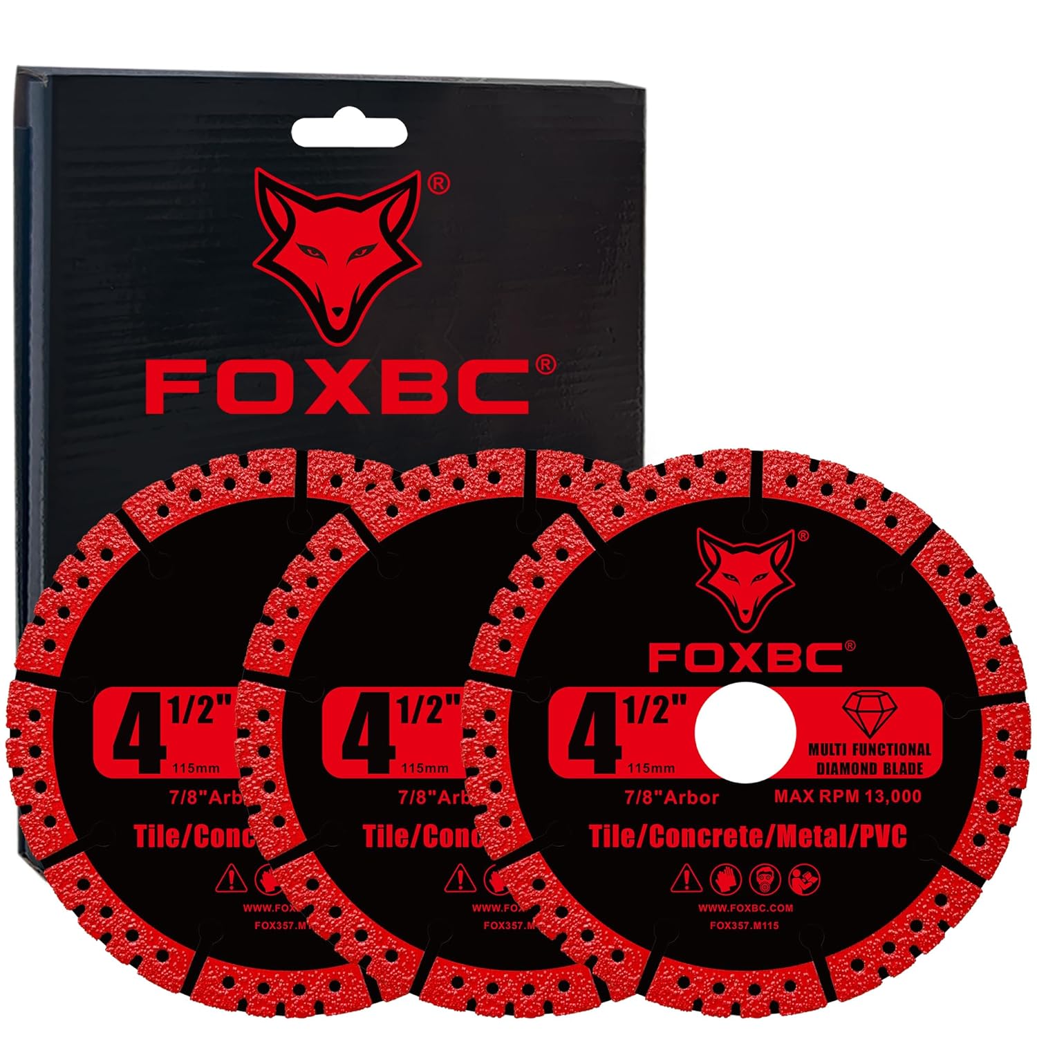 FOXBC 4-1/2 inch Diamond Multi-Purpose Saw Blades for Angle Grinder, Heavy Duty Cut-Off Disc for Metal, Plastic, Porcelain, Ceramic, Marble, Stone - 3 Pack