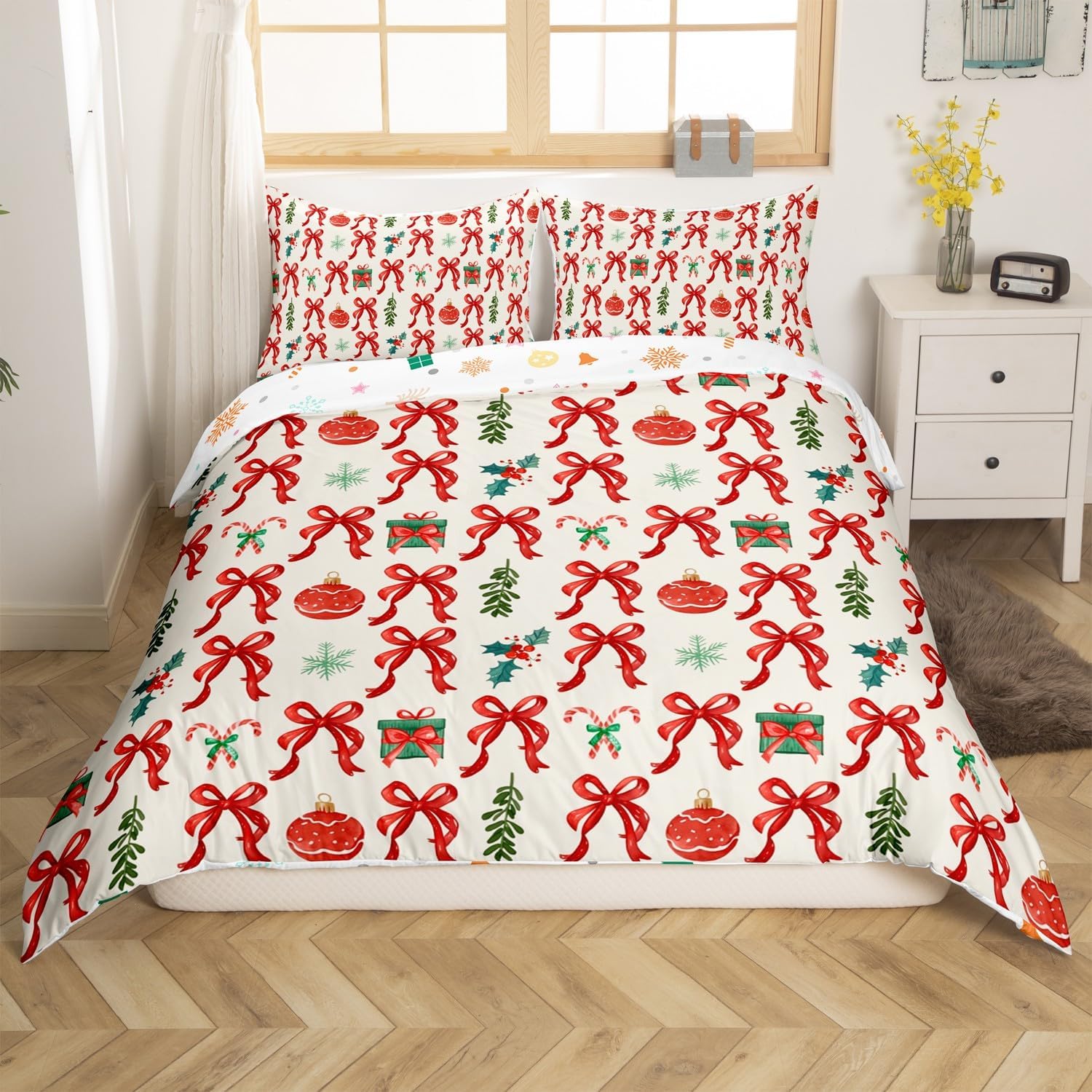 Christmas Bowknot Duvet Cover Set Toddler Size Xmas Berry Leaves Comforter Cover Merry Christmas Bedding Set 2pcs for Kids Sweet Candy Dessert Bedspread Cover,Comforter Not Included