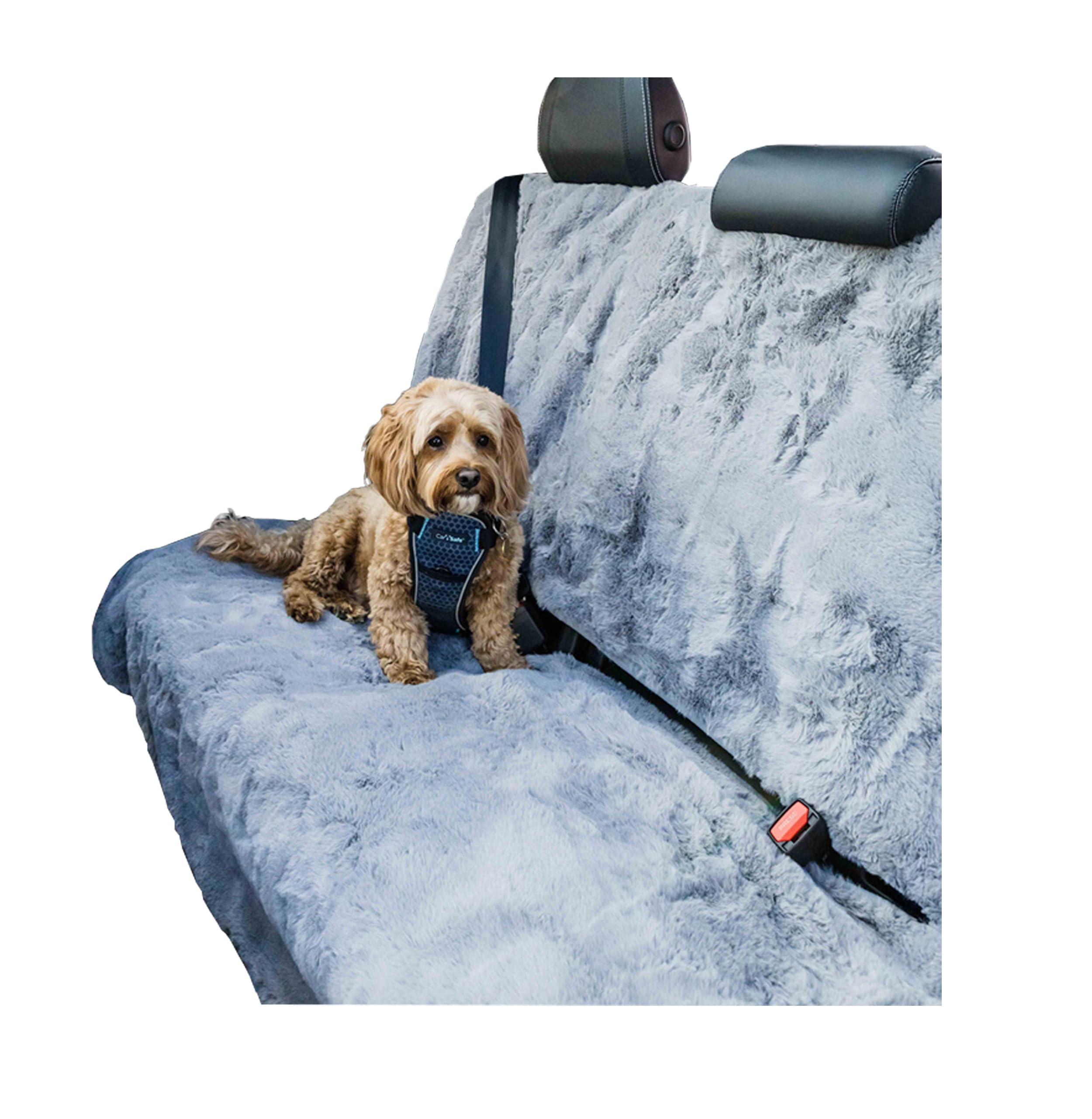 Pet Rebellion Comfy Backseat Car Cover for Dogs | Absorbent, Non-Slip, Machine Washable, Universal Size, Car Seat Cover | Protects Against Fur, Scratches & Odours | Grey Faux Fur