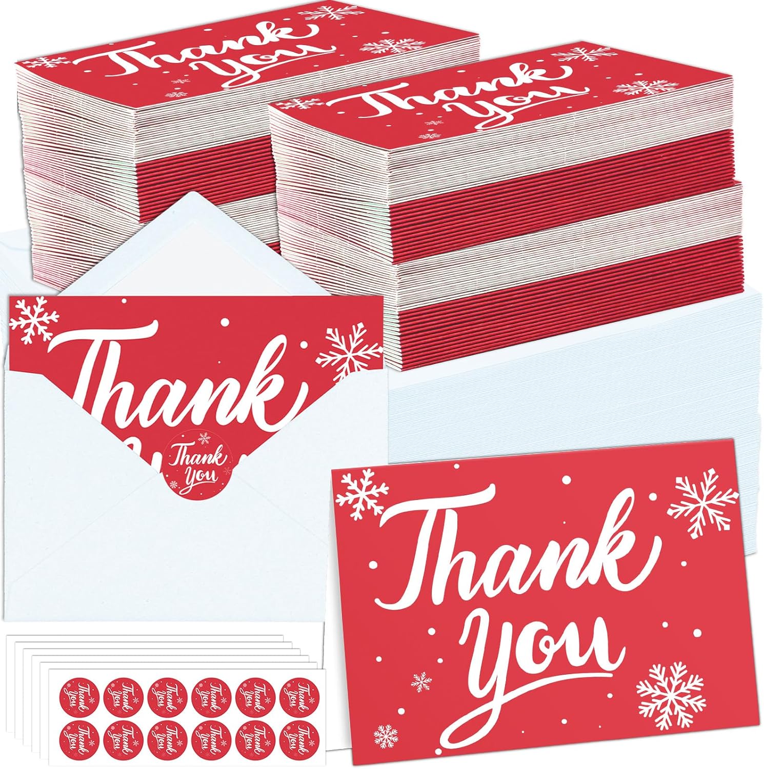 300 Pack Christmas Thank You Cards with Envelopes and Matching Stickers, 4.5x5.55 Inches Greeting Cards, Red Snowflake Thank you Cards for Xmas Wedding Graduation Business and Baby Shower