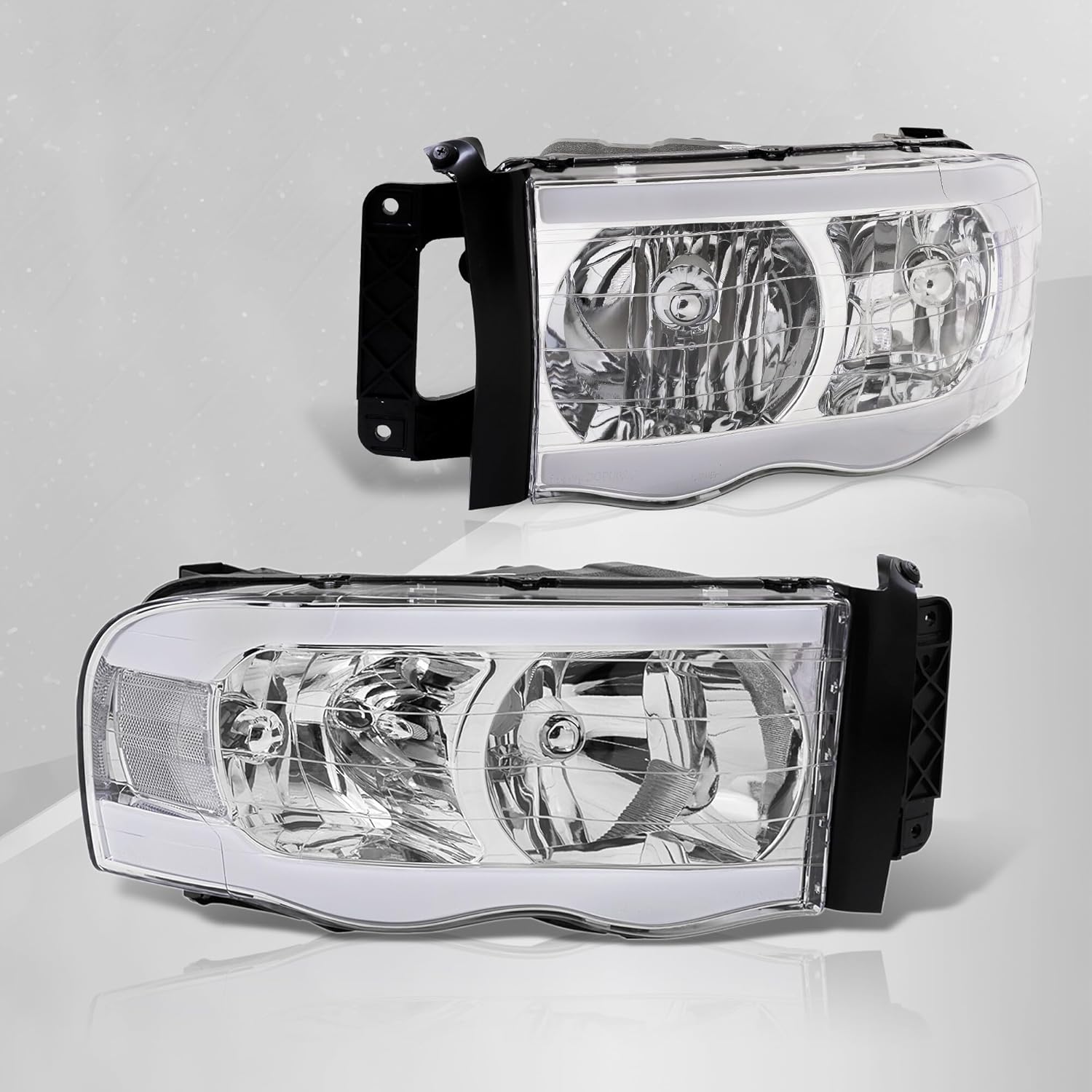 AJP Distributors Chrome Housing LED DRL Tube Bar Driving Head Lights Bumper Turn Signal Lamps Assembly Pair Set Left+Right Compatible/Replacement For Ram 1500 2500 3500 2002 2003 2004 2005 02 03 04 05